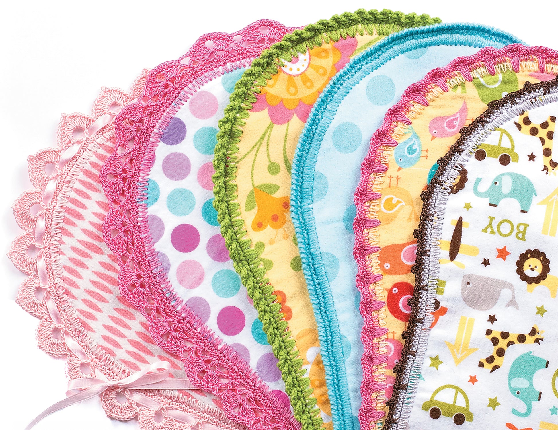 Leisure Arts' Edgings for Kids features colorful baby bib patterns—polka dots, animals, geometrics—finished with lace or ruffled crochet edges made using a piercing crochet hook, ideal for beginner projects.