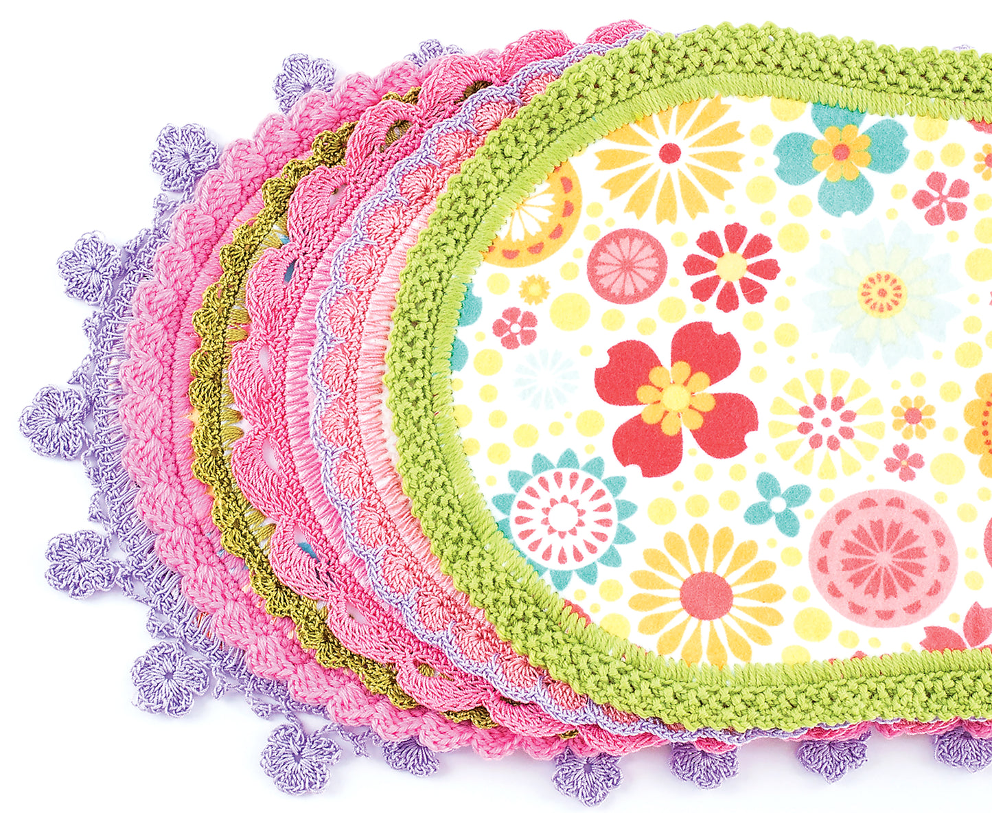 Leisure Arts’ Edgings for Kids features a stack of colorful, oval crochet placemats with floral patterns in red, yellow, pink, and blue—perfect for showcasing beginner crochet skills in a charming display.