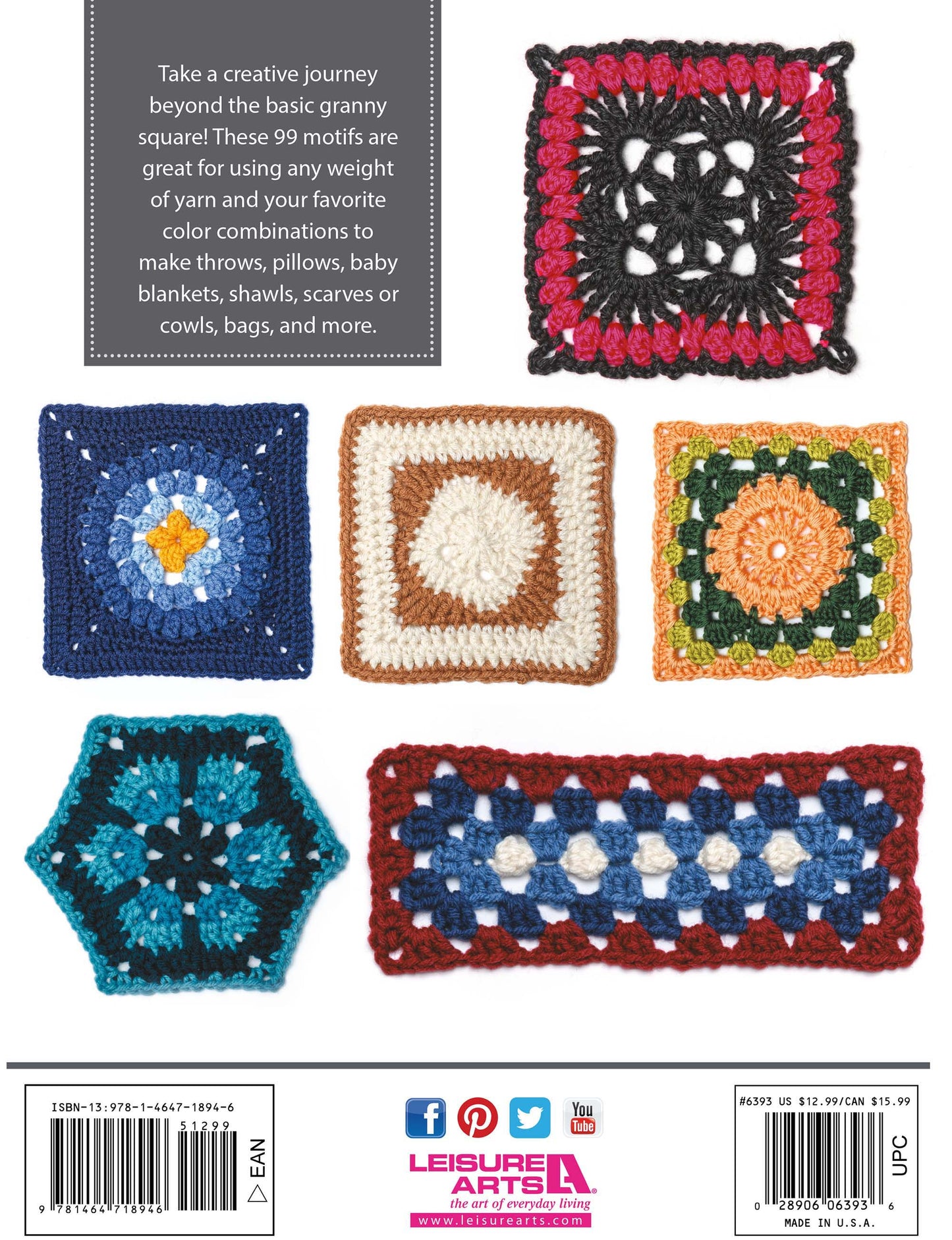 Five colorful crocheted motifs from "99 Granny Squares" by Leisure Arts are shown on a white background above the logo and barcode, with text at top left offering creative beginner crochet ideas.