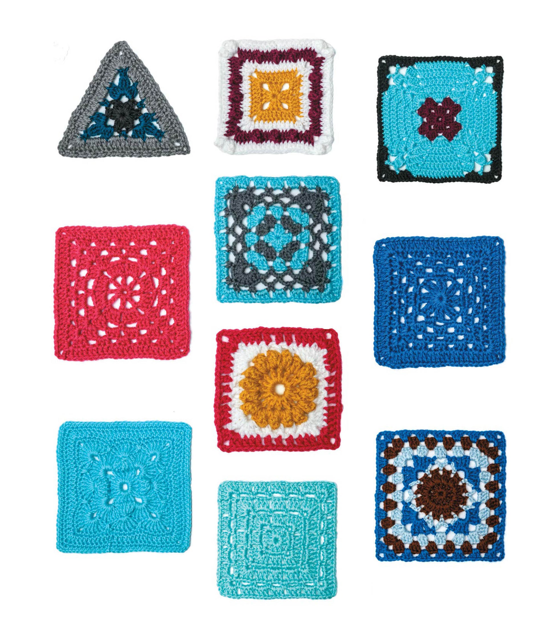99 Granny Squares by Leisure Arts features a vibrant array of unique crocheted squares and a triangle, beautifully arranged in a grid on white—ideal inspiration for beginner crochet enthusiasts.