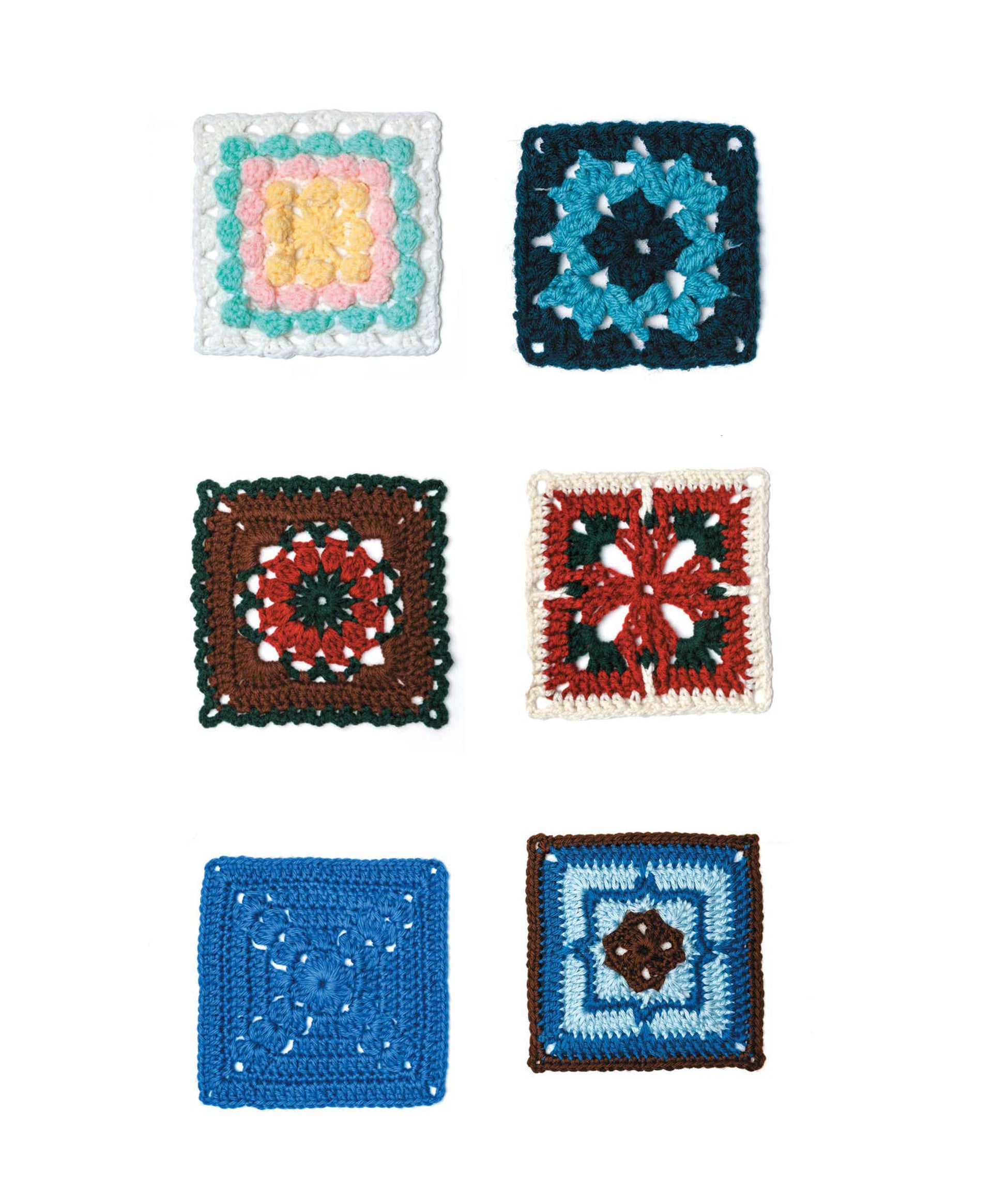 The "99 Granny Squares" by Leisure Arts features six unique crochet patterns in pink, blue, green, white, brown, and red—arranged in two columns and three rows—perfect for beginner crochet projects.