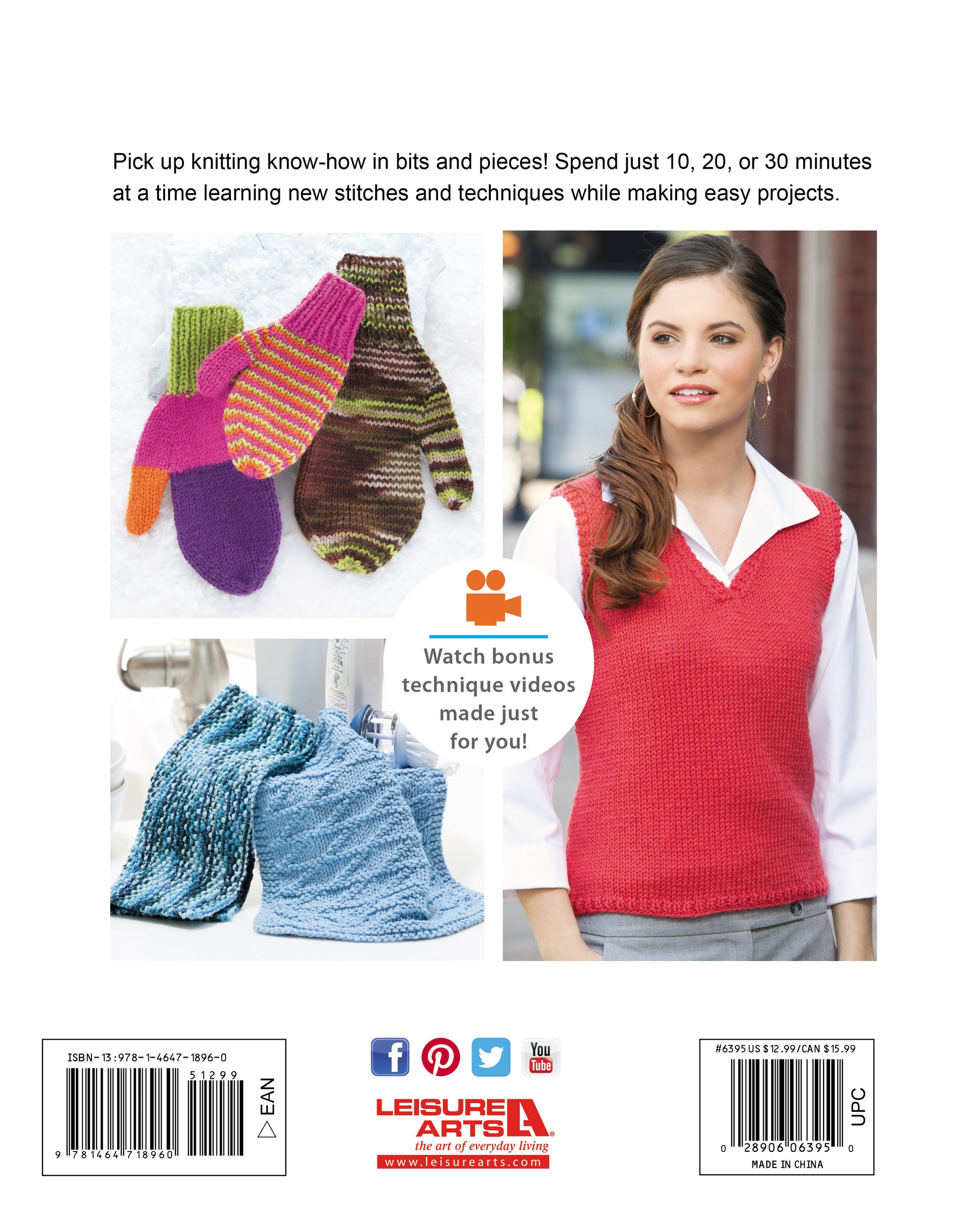 Back cover of "10-20-30 Minutes to Learn to Knit" by Leisure Arts features easy projects: colorful mittens, a woman in a red knit vest, and blue textured washcloths; includes step-by-step instructions. Social media icons and Leisure Arts logo shown.