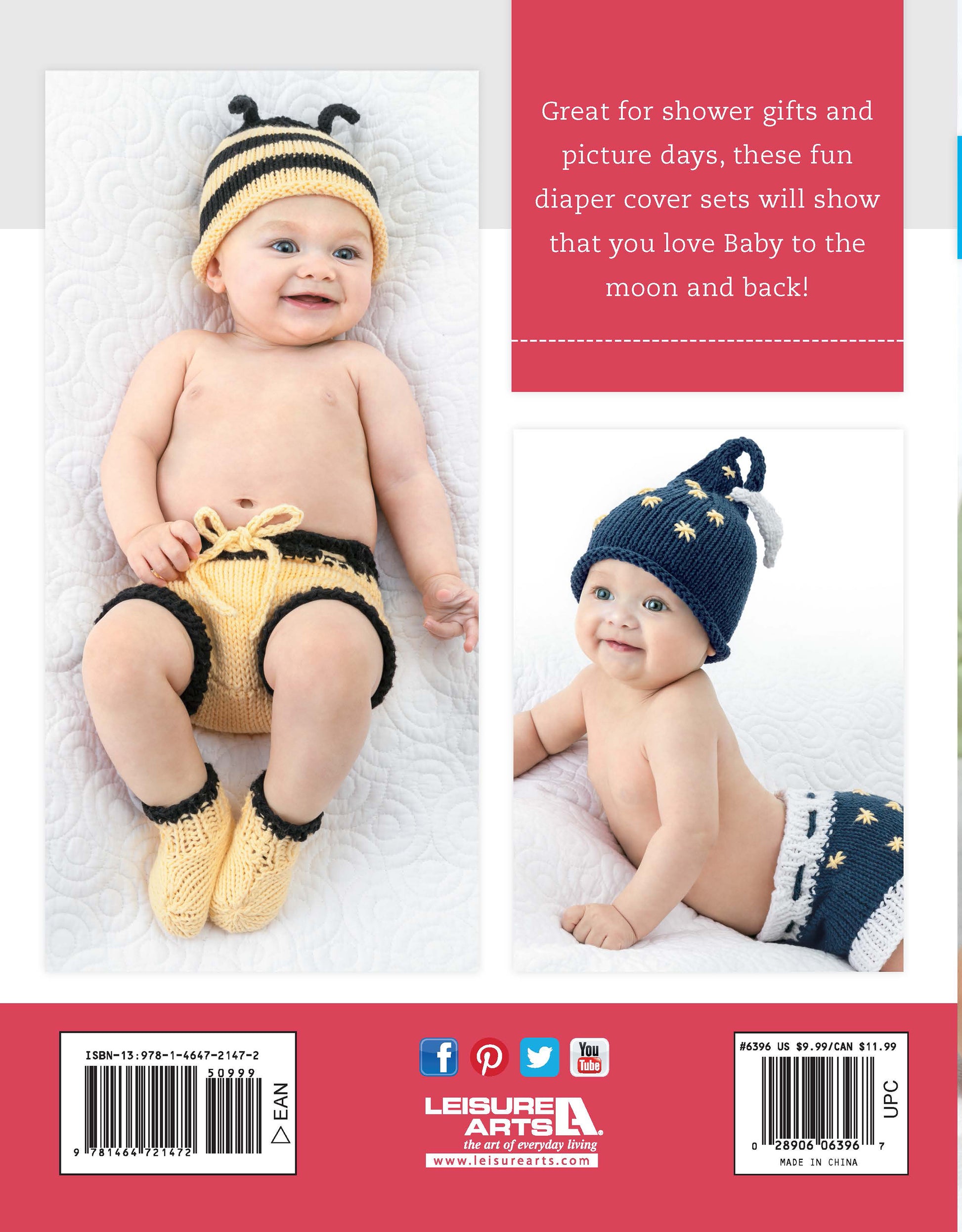 Two babies wear Leisure Arts Diaper Cover Sets—Fun Outfits for Baby Photos & Playtime! One models a yellow bee-themed set with matching hat and booties; the other sports a navy moon-and-stars look with a pom-pom hat. Bonus: Online tutorials included!.