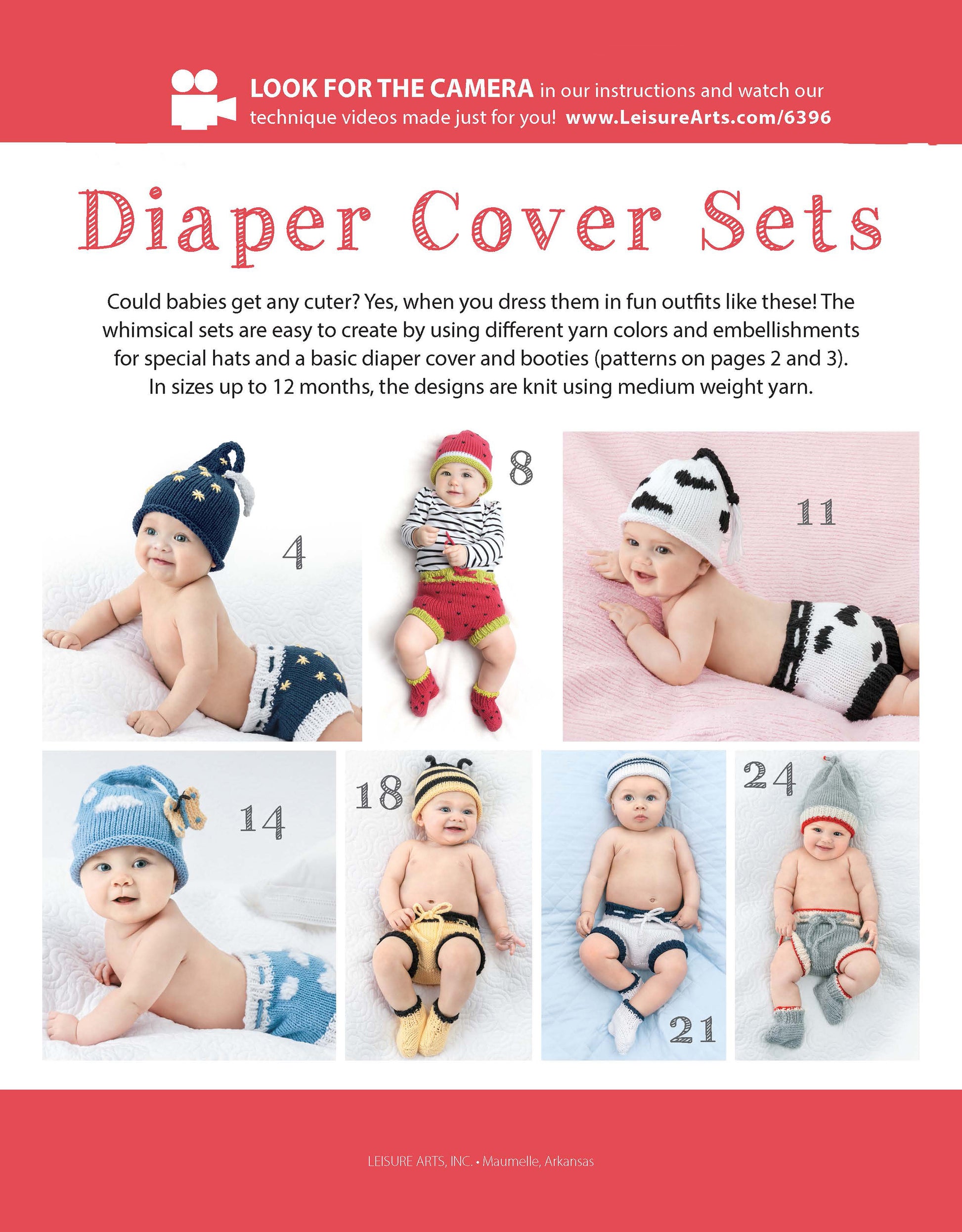 Six babies model Leisure Arts Diaper Cover Sets—Fun Outfits for Baby Photos & Playtime! in animal and whimsical designs like bear, bunny, cow, and owl; includes soft white backgrounds and bonus online tutorials for beginner knitters.