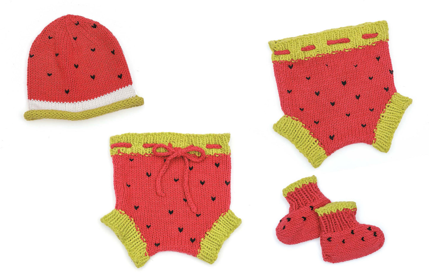 Leisure Arts Diaper Cover Sets—Fun Outfits for Baby Photos & Playtime! includes a watermelon-themed knit baby hat, two diaper covers, and socks in red, green, and white with black seed details. Bonus! Online tutorials included.