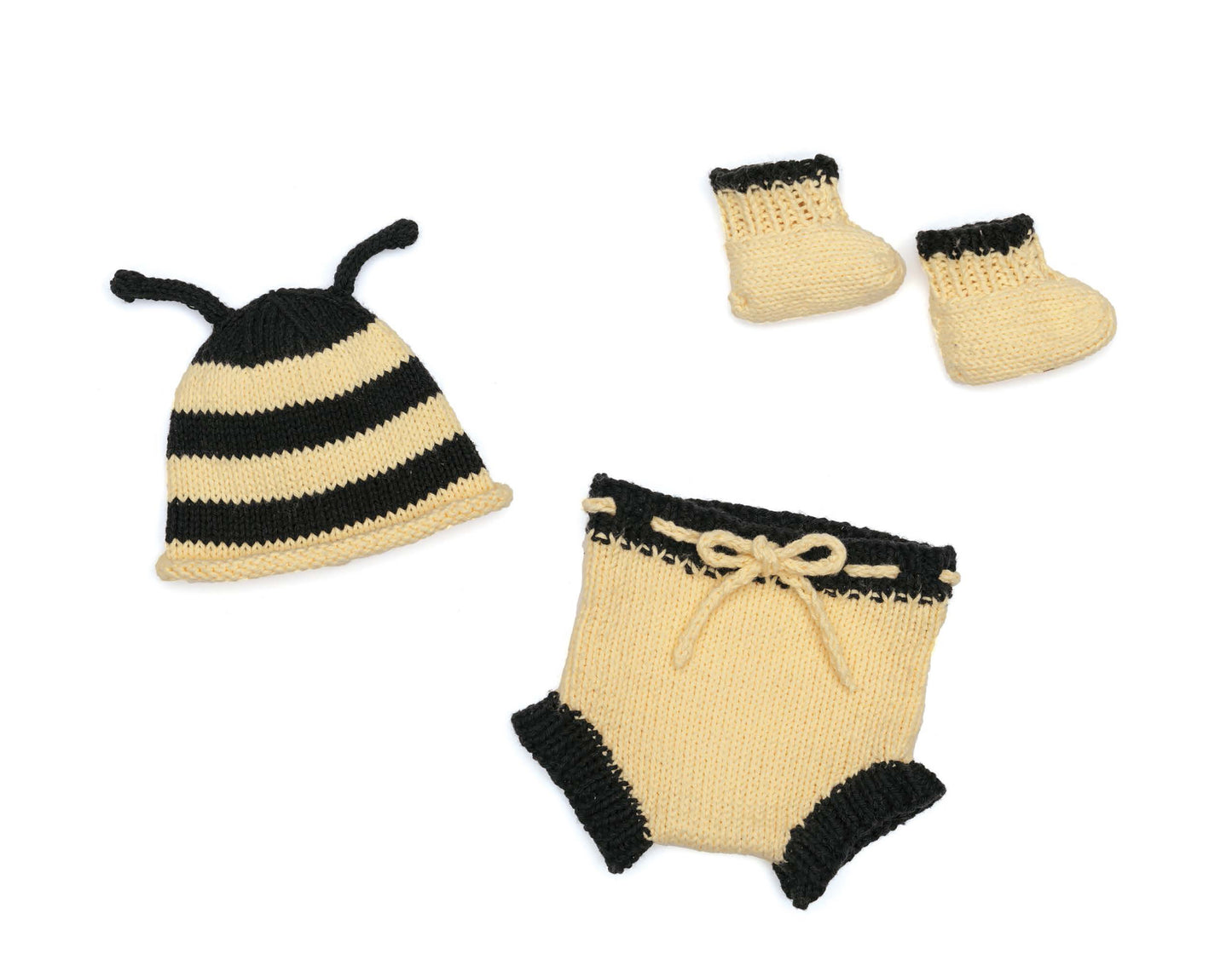 Leisure Arts Diaper Cover Sets—Fun Outfits for Baby Photos & Playtime! Features a striped knit baby hat with antennae, yellow diaper cover with black trim and drawstring, plus yellow booties. Bonus! Online tutorials included.