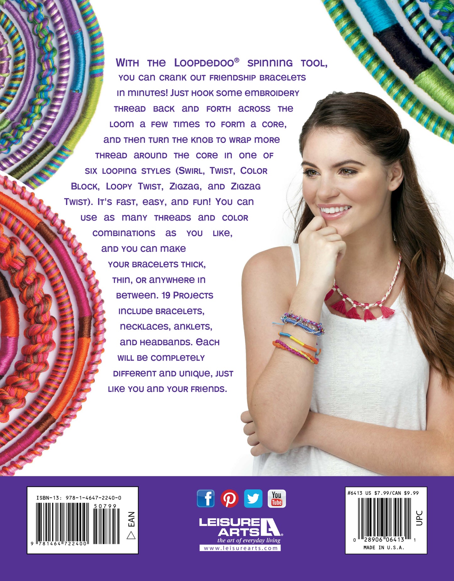 A smiling woman wearing colorful bracelets and a pink necklace is featured amidst vibrant, looped threads. The text highlights “Amazing Jewelry Made Easy” by Leisure Arts, showcasing its creative potential as the perfect kit for beginners to start making fun, twisted accessories and personalized friendship bracelets.