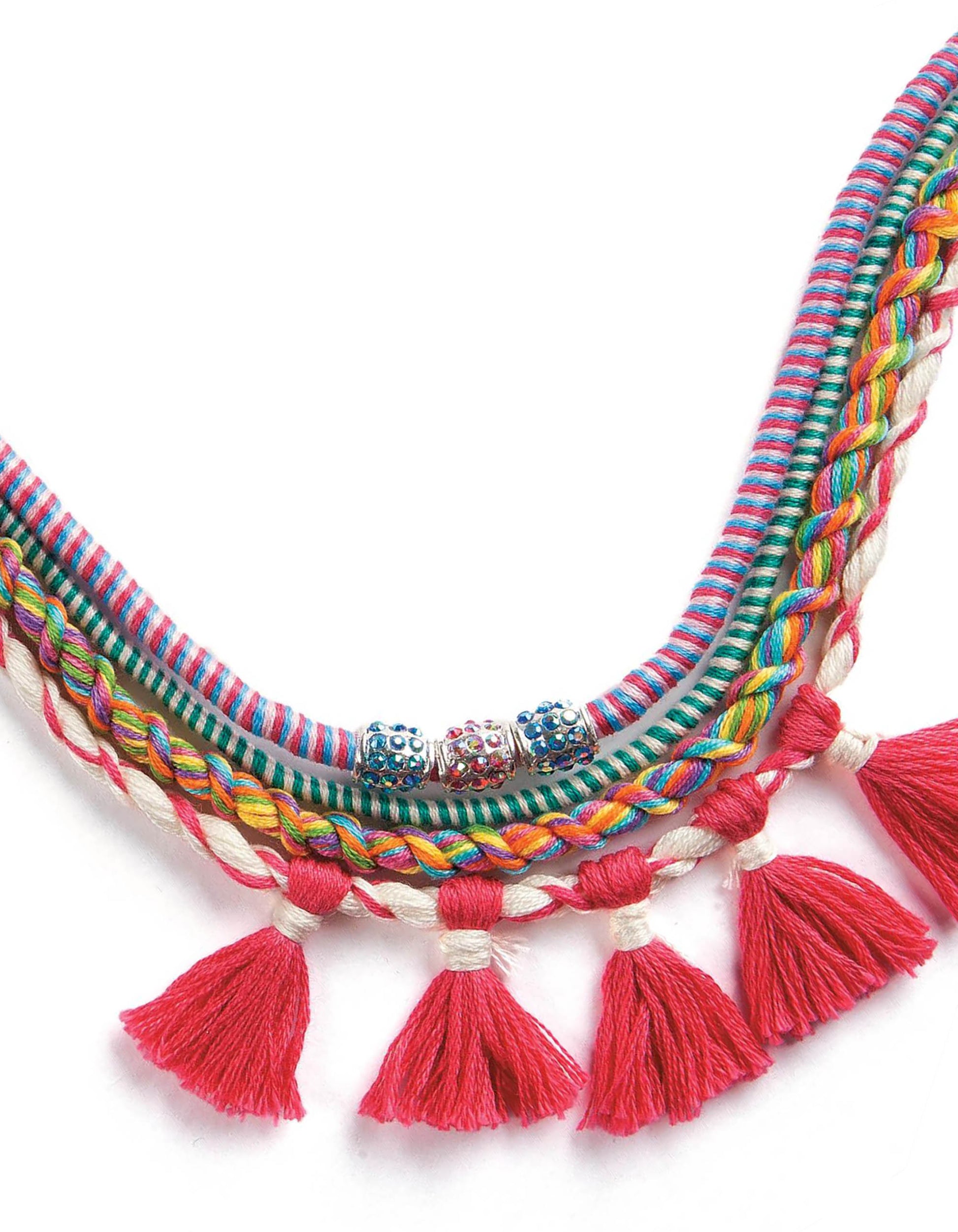 An eye-catching necklace from Amazing Jewelry Made Easy by Leisure Arts, featuring braided cords, blue and silver beads, and five vibrant red tassels—ideal for fans of friendship bracelets or anyone who loves unique twisted accessories.