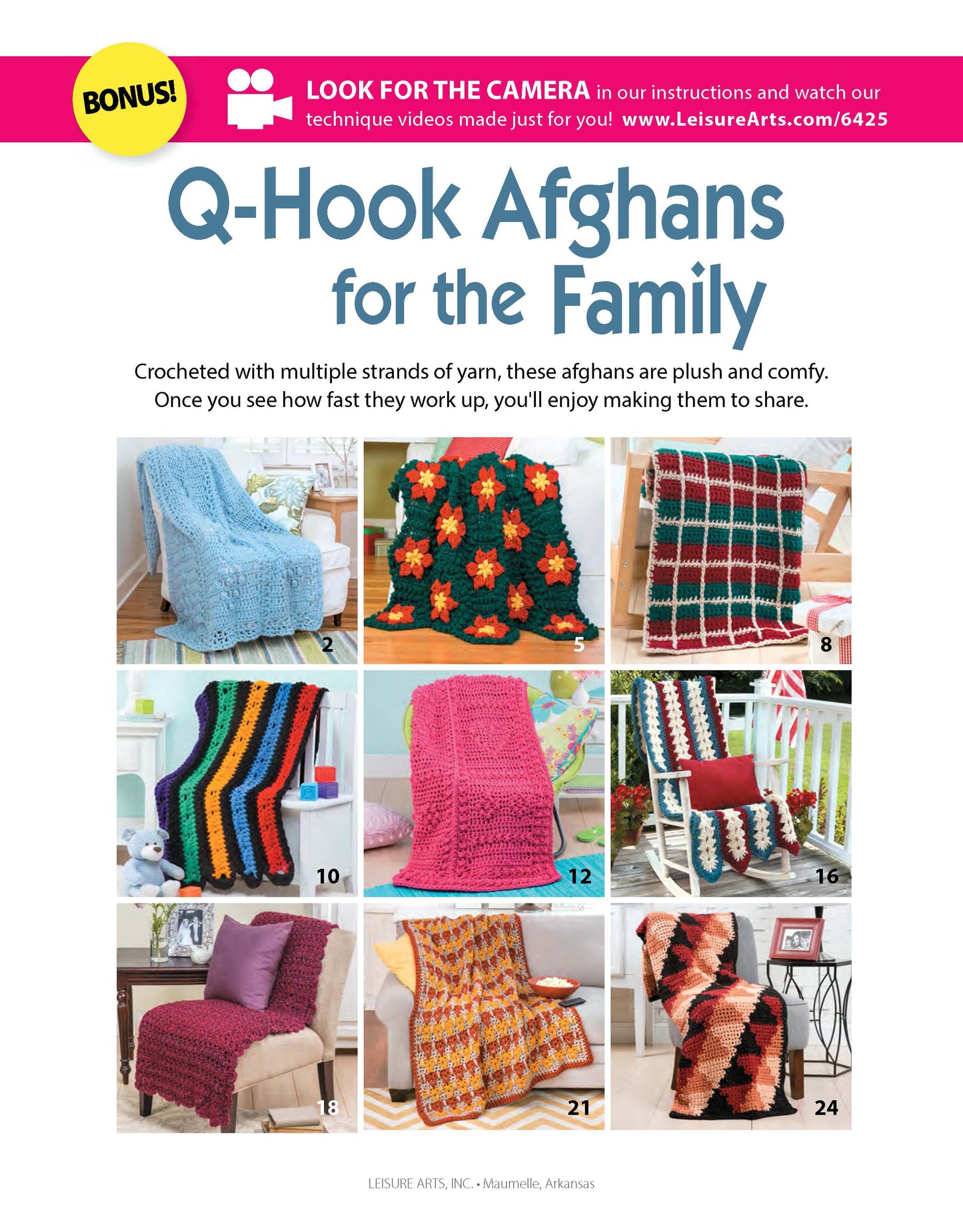 A collage of eight vibrant crochet afghans, each with unique patterns and colors, is shown on sofas and chairs under the title "Q-Hook Afghans for the Family Digital Download" by Leisure Arts.
