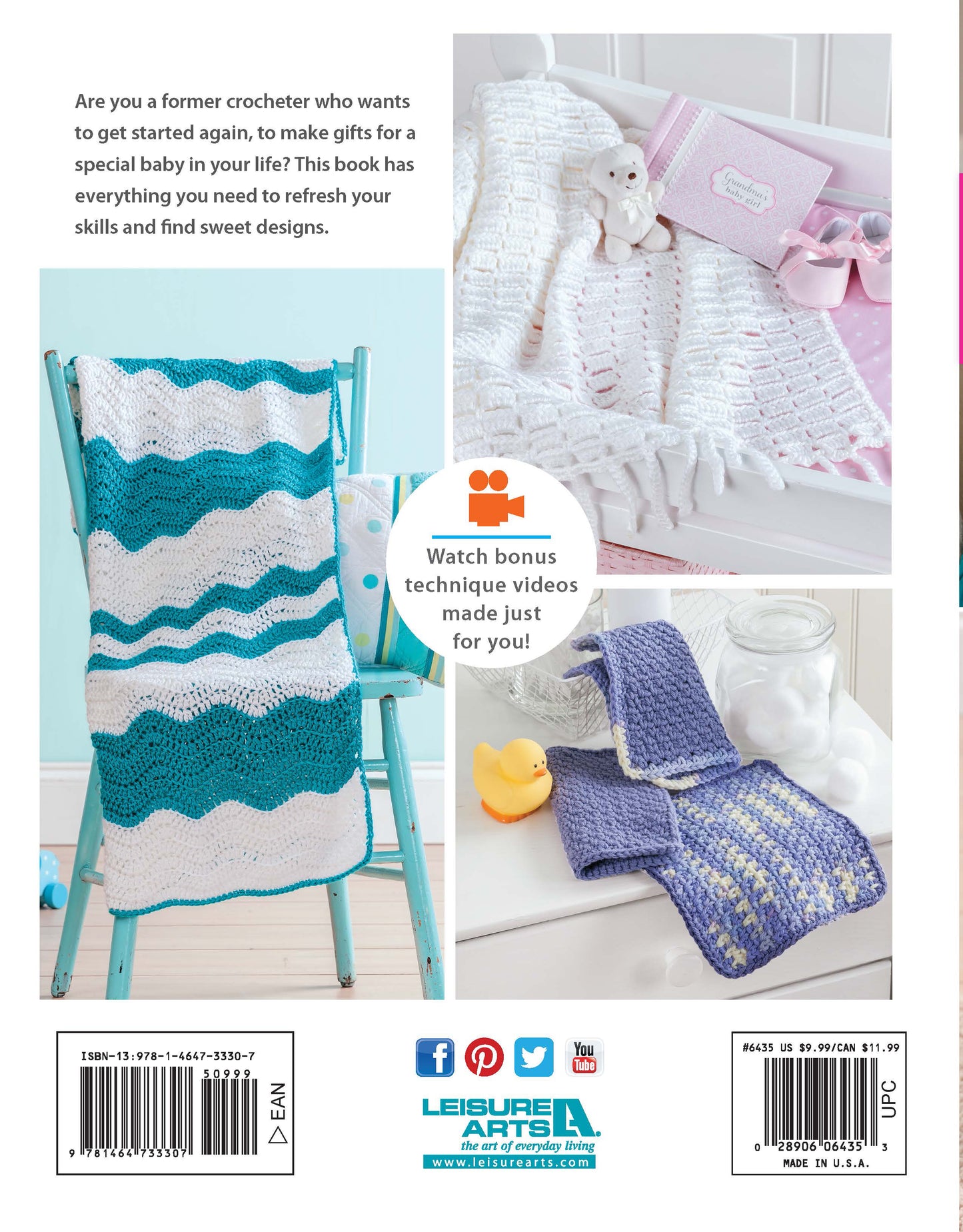 A collage featuring crocheted baby blankets in blue, white, and purple shades—ideal for baby projects—shown on a chair, crib, and folded with a bunny and pacifier. Icons and text at bottom highlight "Crochet Refresher Digital Download" by Leisure Arts.