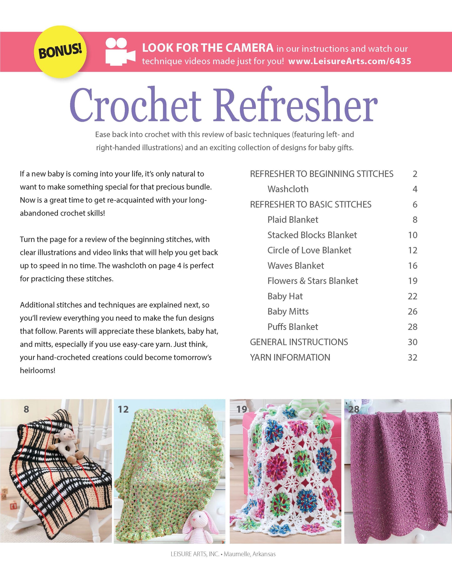 The Crochet Refresher Digital Download by Leisure Arts offers step-by-step crochet techniques and projects, with photos of a doll in a pink dress, a green yarn basket, and a purple blanket on a chair.