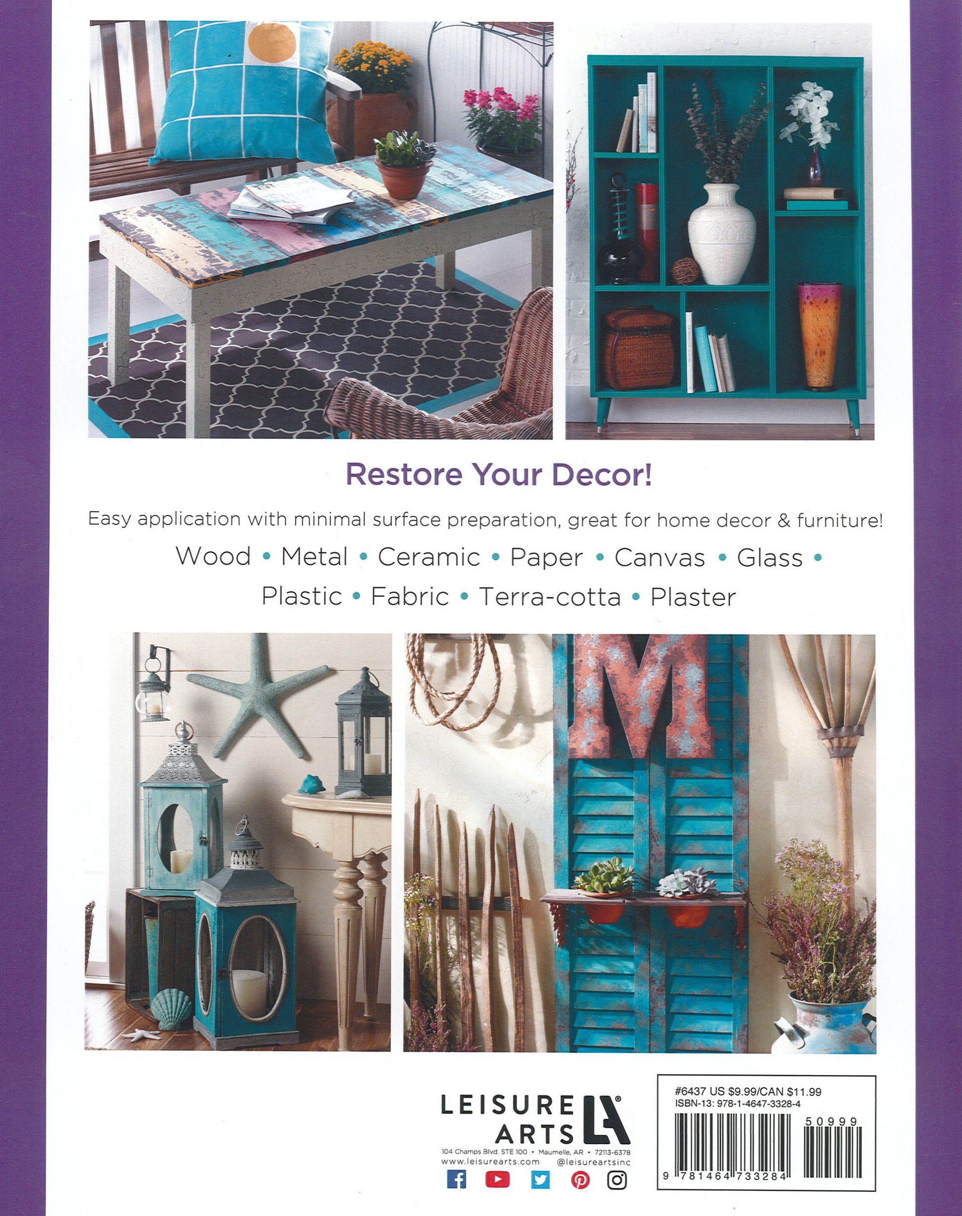 The cover of "A Beginner's Guide to Chalk Painting" by Leisure Arts displays colorful DIY home decor, with painted tables, shelves, and decorations in distressed finishes, styled in modern spaces with plants and accessories.