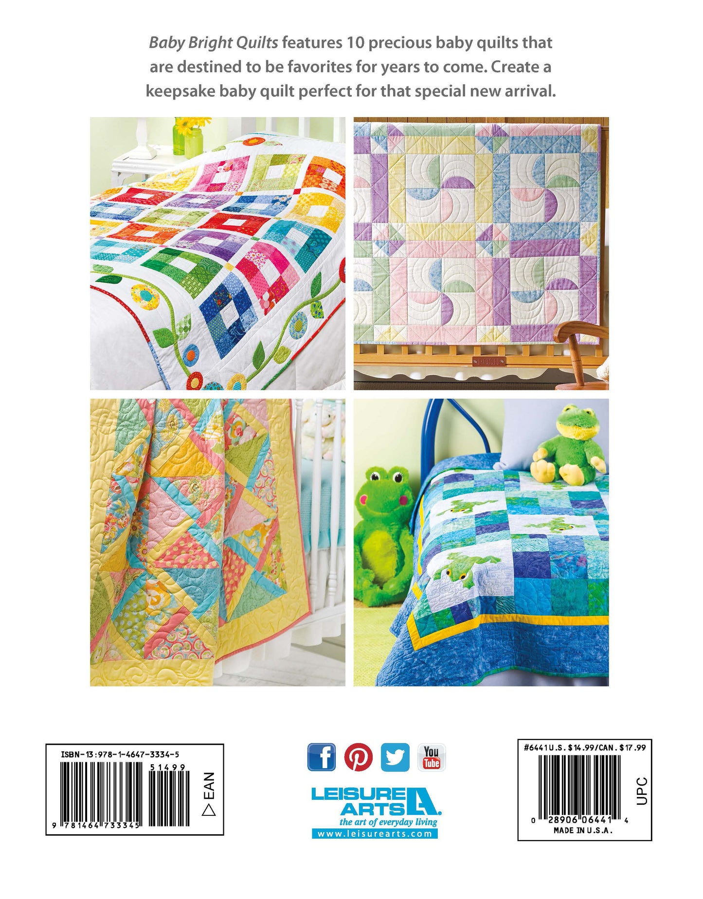 Four Baby Bright Quilts by Leisure Arts are displayed: two on beds, one over a crib, and one on a green chair with stuffed animals. Each features vibrant patchwork designs—perfect pops of color for beginner quilters!.