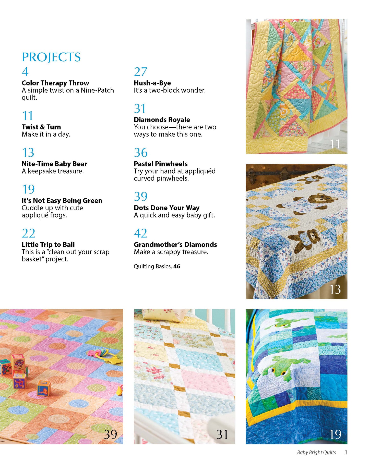 A magazine page for Leisure Arts’ “Baby Bright Quilts—Use Pops of Color in Stunning Baby Designs!” lists keepsake quilt projects with page numbers and colorful patchwork or appliqué images on a white background with blue text and numbered photos.