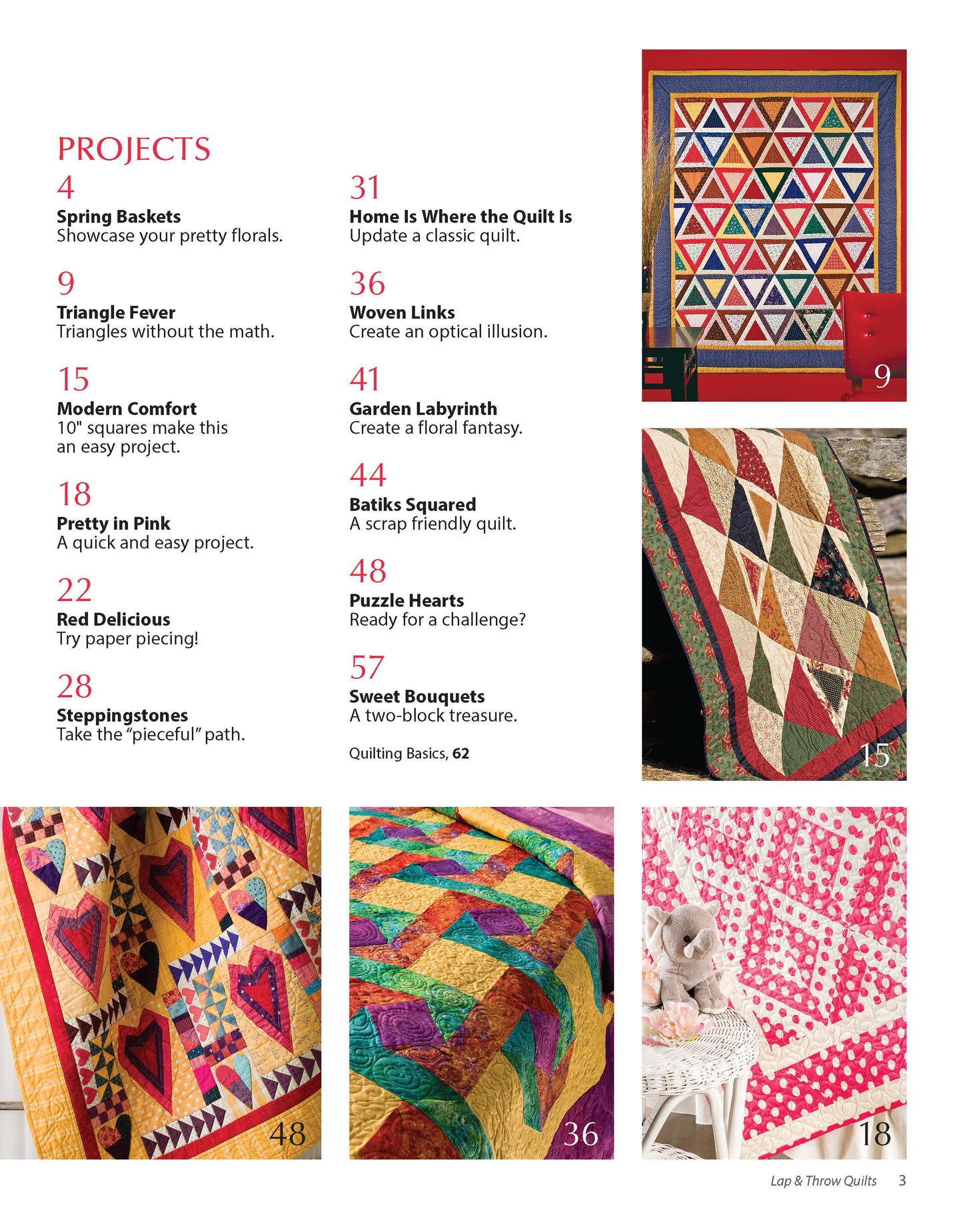 The Leisure Arts Lap & Throw Quilts magazine features vibrant photos of geometric, heart, and floral quilt patterns on the right, with descriptions and page numbers on the left—great beginner quilting in bright colors.