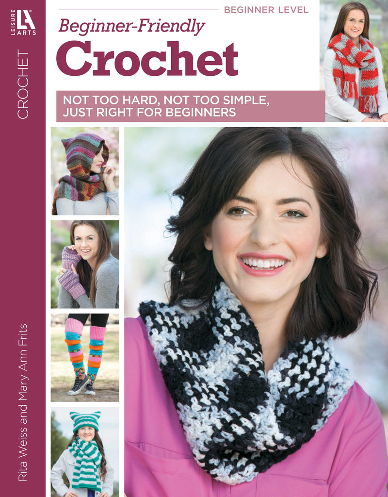 Cover of Leisure Arts' Beginner-Friendly Crochet Digital Download shows a smiling woman in a black and white scarf; additional images feature easy crochet patterns for scarves, gloves, leg warmers, and hats—ideal for beginners.