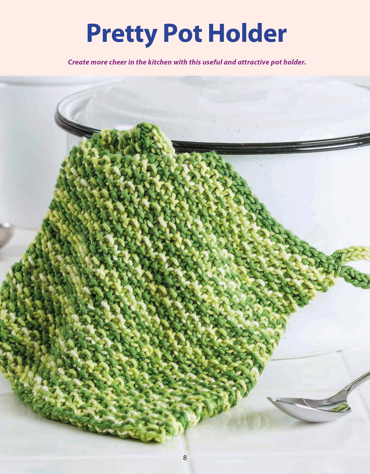 The “Beginner-Friendly Knitting” kit from Leisure Arts features a green and yellow pot holder draped over a white lidded pot, with a metal spoon nearby. The text reads “Pretty Pot Holder.”.