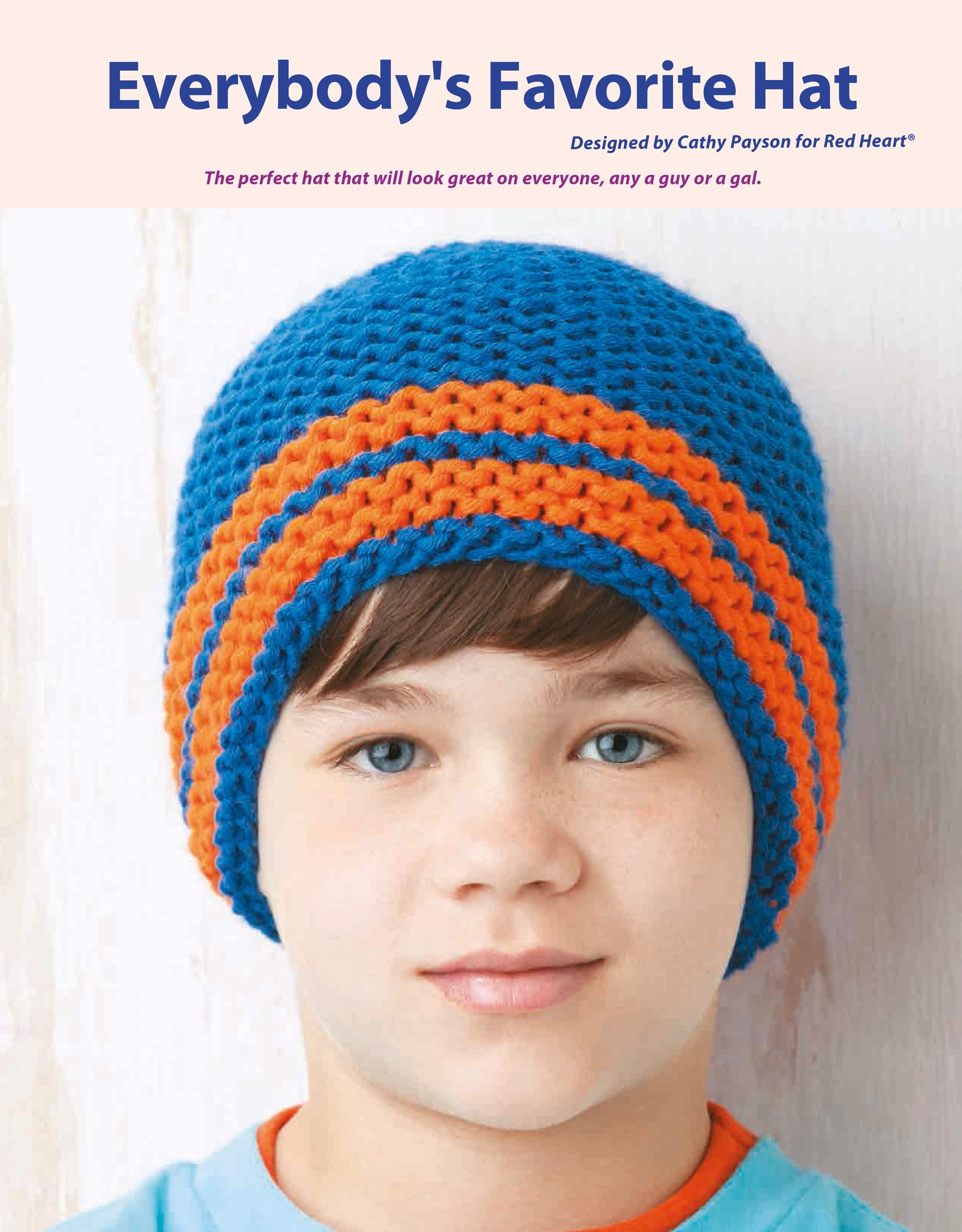 A light-skinned, blue-eyed child wears a crocheted blue beanie with orange stripes. The background is softly blurred. Above, text reads: Beginner-Friendly Knitting by Leisure Arts.