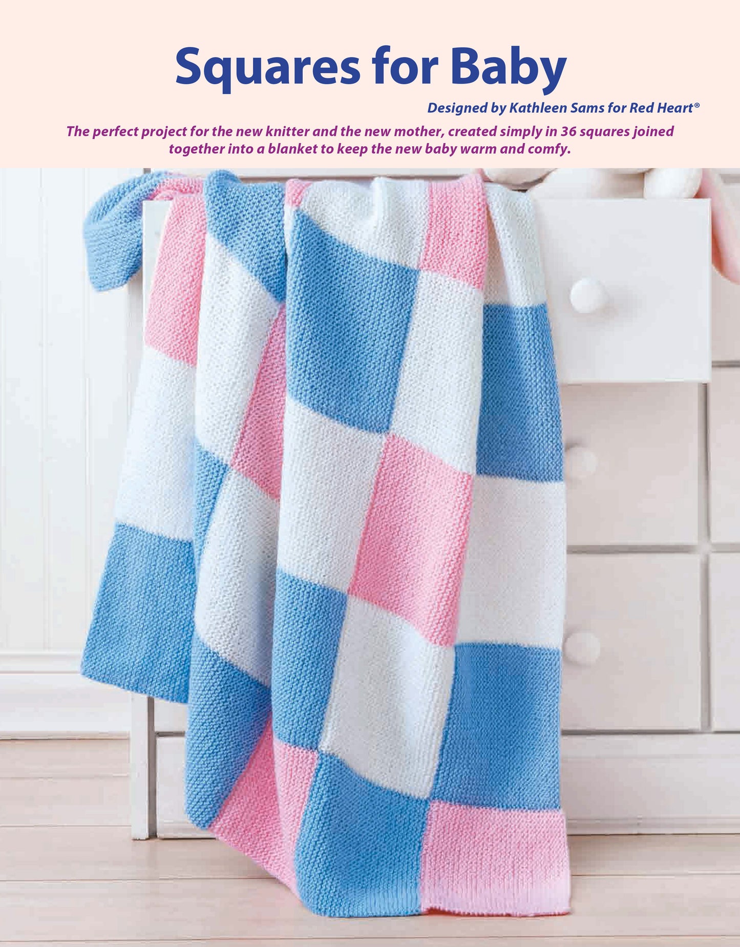 The Leisure Arts Beginner-Friendly Knitting features a cozy baby blanket with a blue, pink, and white checkerboard design—an easy knitting pattern perfect for beginners and ideal for creating a charming nursery accent.