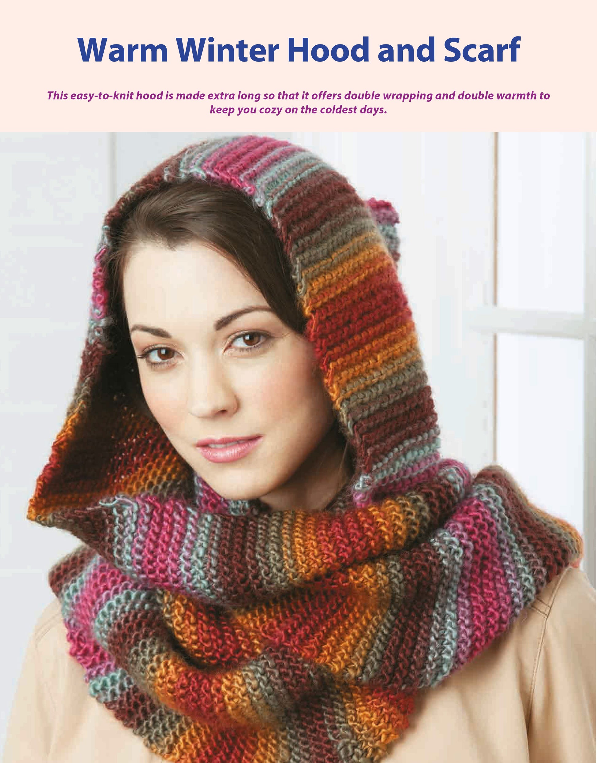 A woman sports a cozy, chunky knit hood and scarf in striped browns, orange, pink, and gray—perfect for winter. Get inspired to create your own with beginner-friendly knitting by Leisure Arts!.