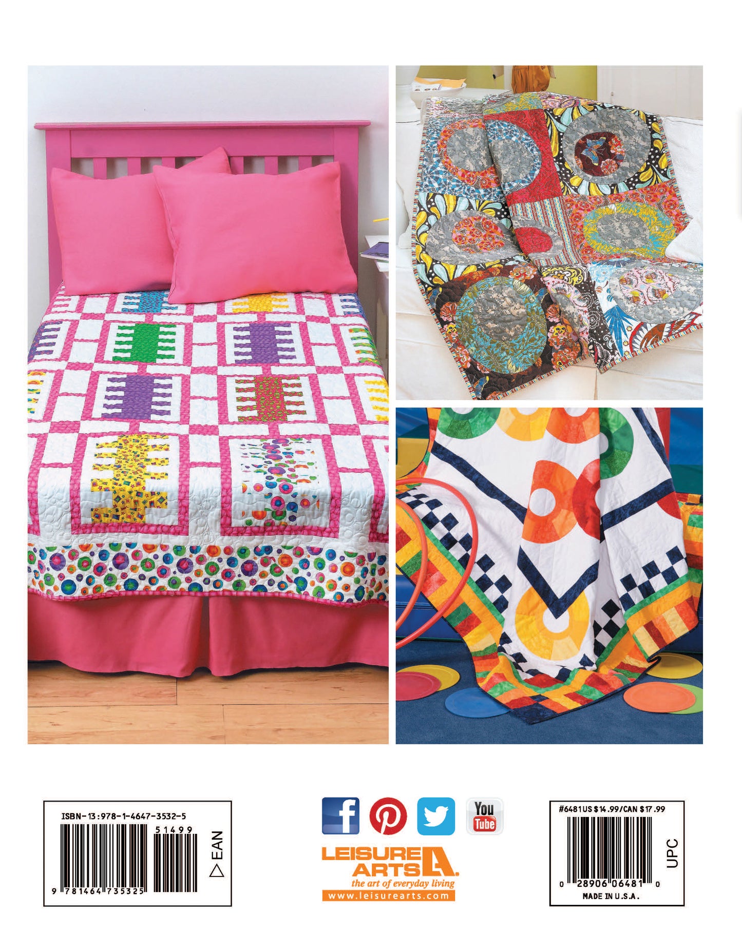 Three Fun Colorful Quilts by Leisure Arts are shown—one on a pink bed and two draped nearby. Each digital quilt pattern features vibrant colors, bold geometric shapes, and lively designs for a cozy, cheerful look.