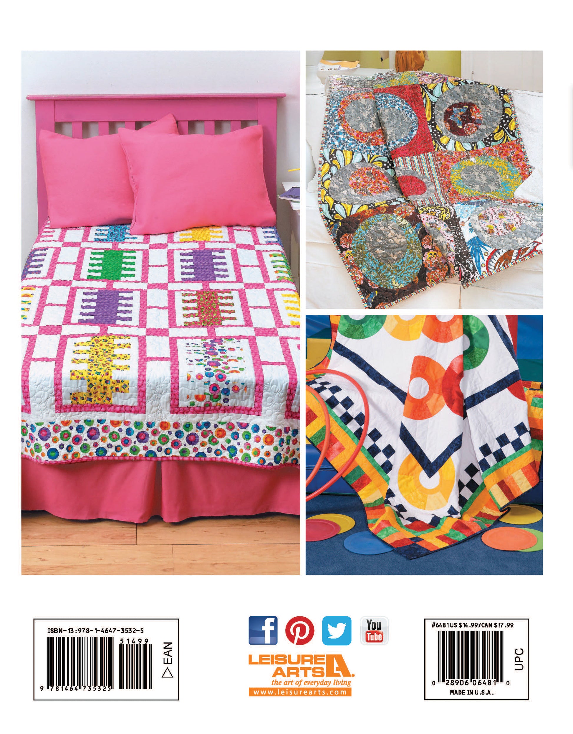 Three Fun Colorful Quilts by Leisure Arts are shown—one on a pink bed and two draped nearby. Each digital quilt pattern features vibrant colors, bold geometric shapes, and lively designs for a cozy, cheerful look.