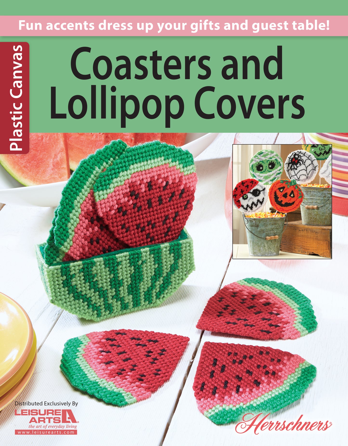 Leisure Arts’ Coasters and Lollipop Covers features plastic canvas coasters shaped like watermelon slices and festive lollipop covers with fruit and jack-o-lantern motifs—ideal gift accents for any celebration.