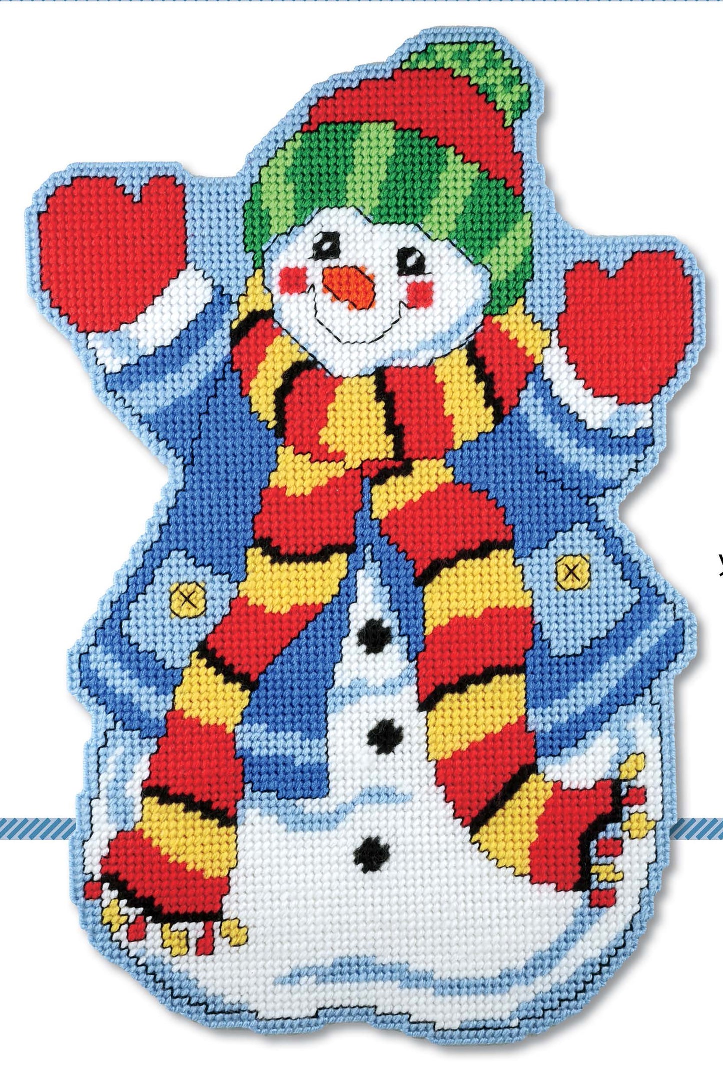 A colorful stitched cartoon snowman in festive attire is featured in the Leisure Arts Seasonal Door Signs Plastic Canvas patterns—ideal for creating charming seasonal home decor.