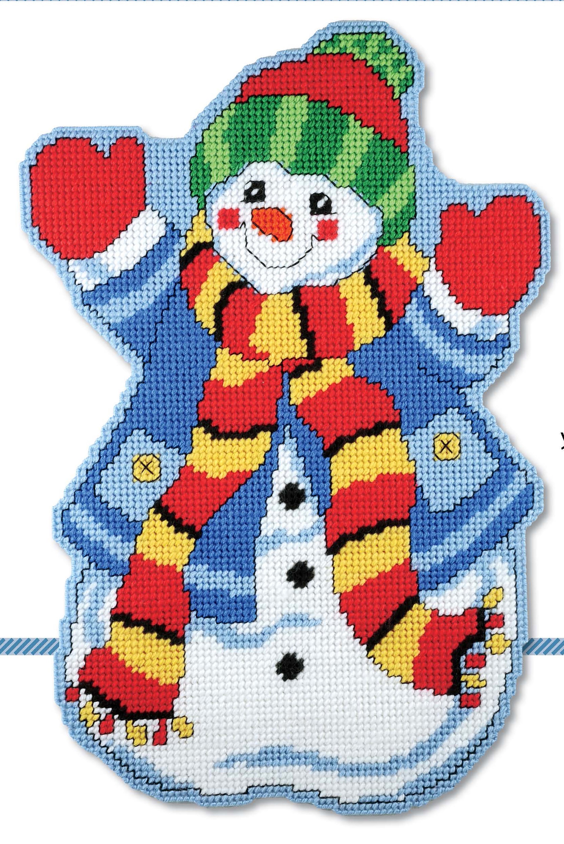A colorful stitched cartoon snowman in festive attire is featured in the Leisure Arts Seasonal Door Signs Plastic Canvas patterns—ideal for creating charming seasonal home decor.