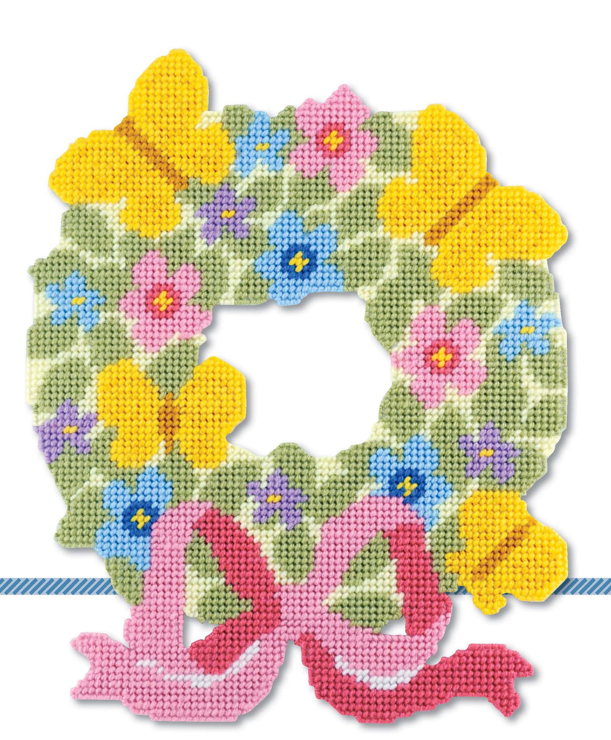 The Leisure Arts Seasonal Door Signs Plastic Canvas features a floral wreath with yellow butterflies, pink and blue flowers, and a large pink bow on a white background—perfect for seasonal home decor.