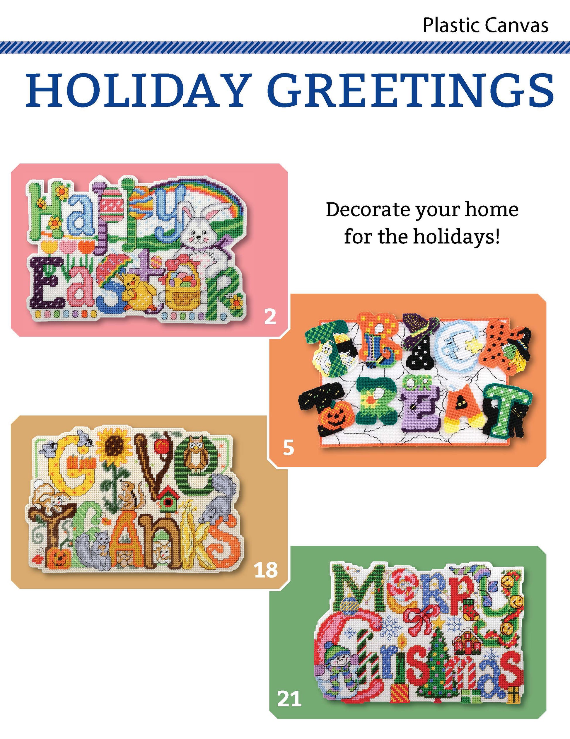 Holiday Greetings by Leisure Arts features four plastic canvas patterns—Happy Easter with a bunny, Trick or Treat, Give Thanks, and Merry Christmas—for festive decorations using worsted weight yarn.