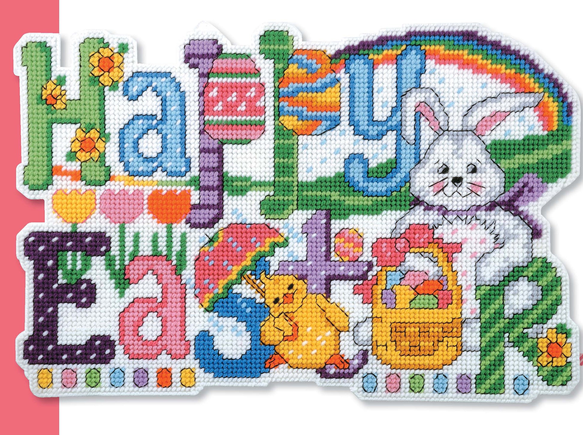 Leisure Arts’ “Holiday Greetings” cross-stitch features “Happy Easter” in colorful letters with flowers, hearts, an egg, and a rainbow—ideal for festive décor or adapting into plastic canvas holiday projects.