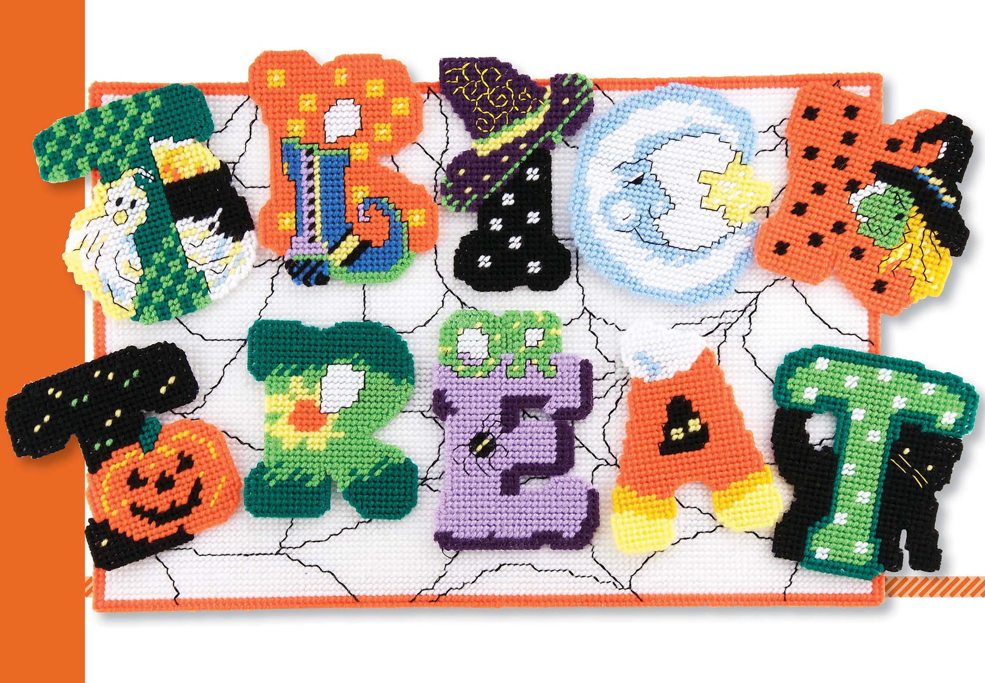 Holiday Greetings by Leisure Arts features colorful, worsted yarn letters on a web-patterned mat spelling TRICK OR TREAT, each decorated with Halloween icons like pumpkins, witches, ghosts, and candy corn for festive decor.