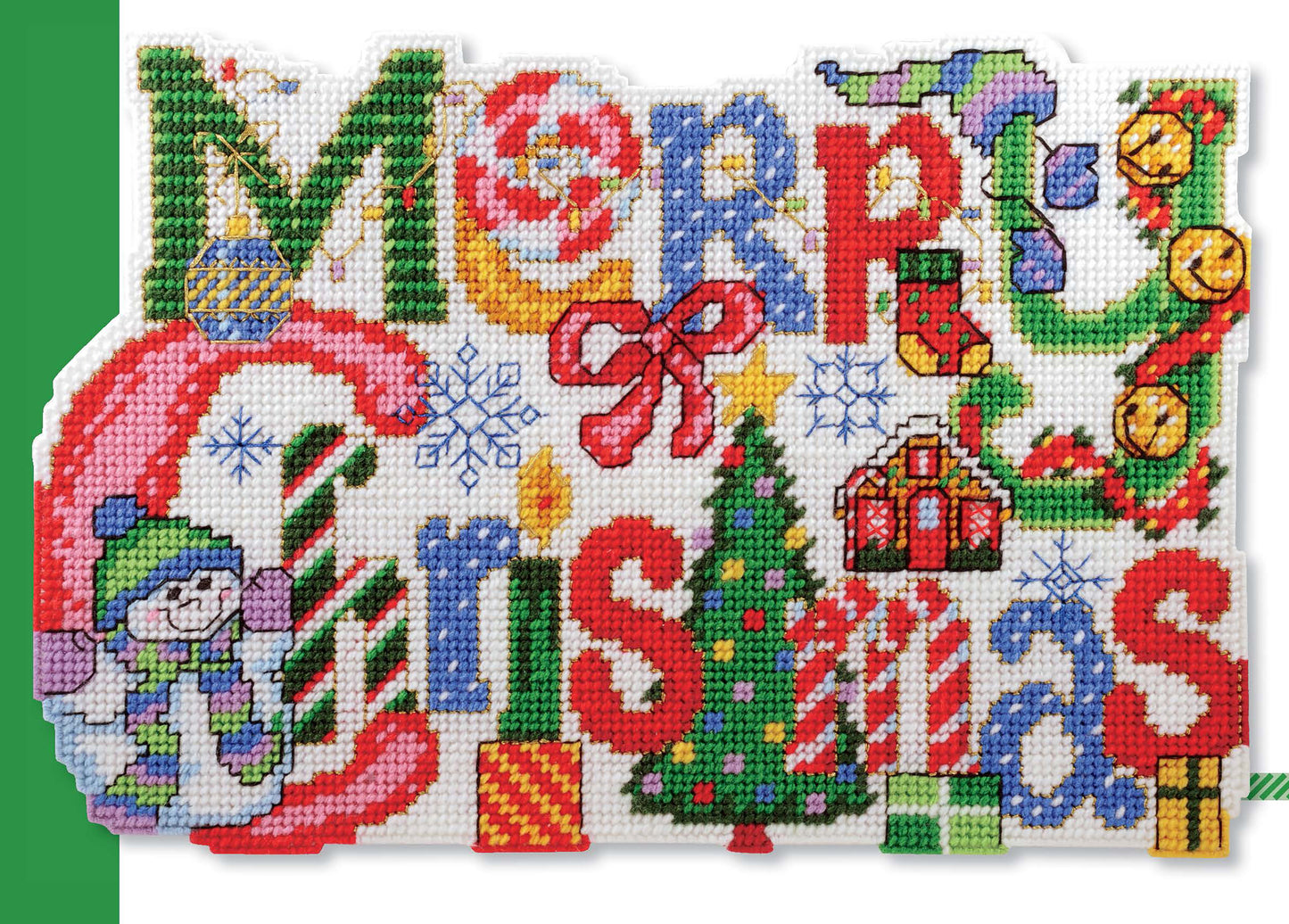 Bright cross-stitch art "Holiday Greetings" by Leisure Arts spells out “Merry Christmas” with festive designs like a snowman, tree, gifts, ornaments, candy canes, snowflakes, and gingerbread house—perfect for holiday decor!.