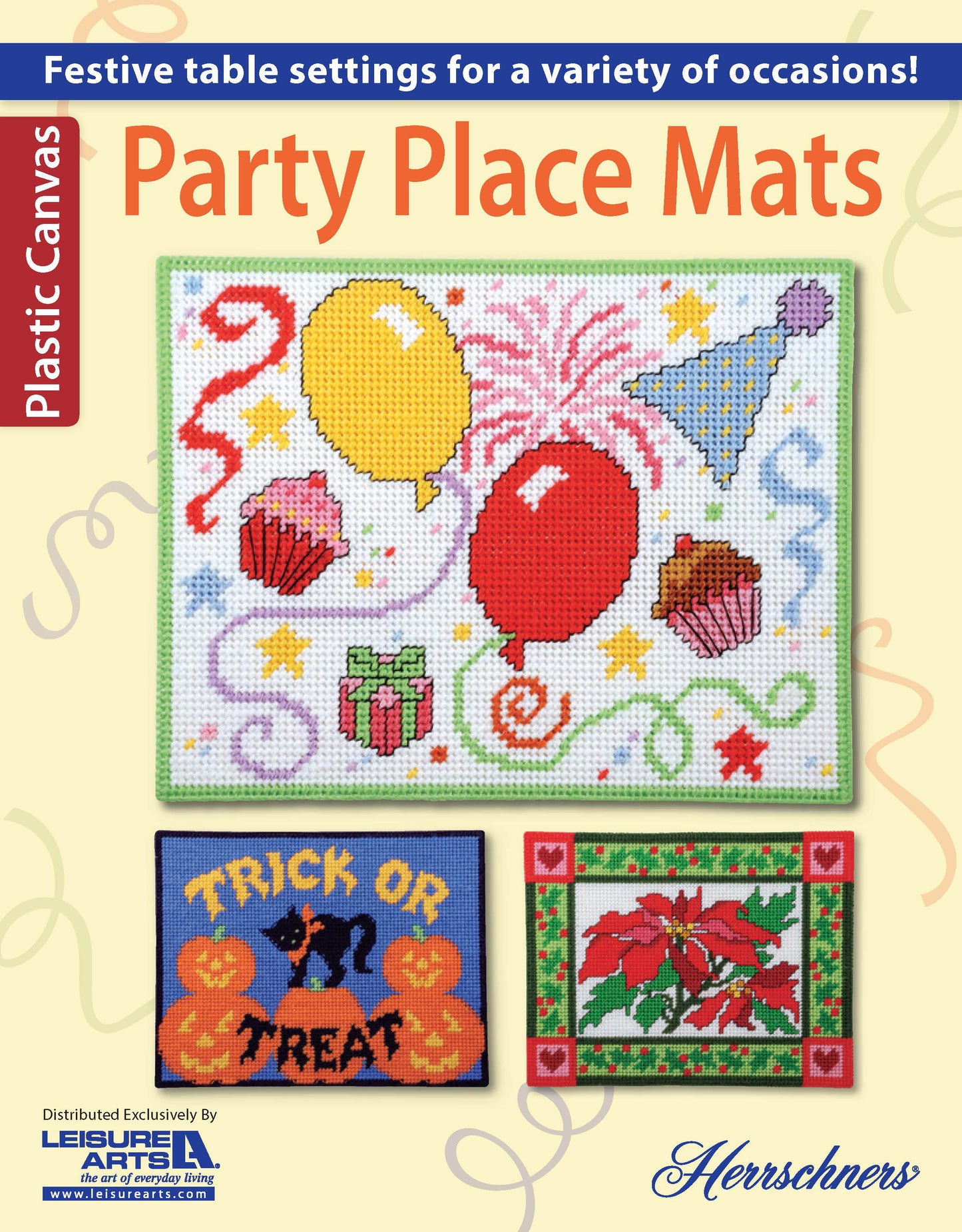 The cover of "Party Place Mats" by Leisure Arts shows three plastic canvas place mats made with worsted yarn: one with balloons and confetti, a Halloween Trick or Treat design, and one featuring red poinsettias for festive tables.