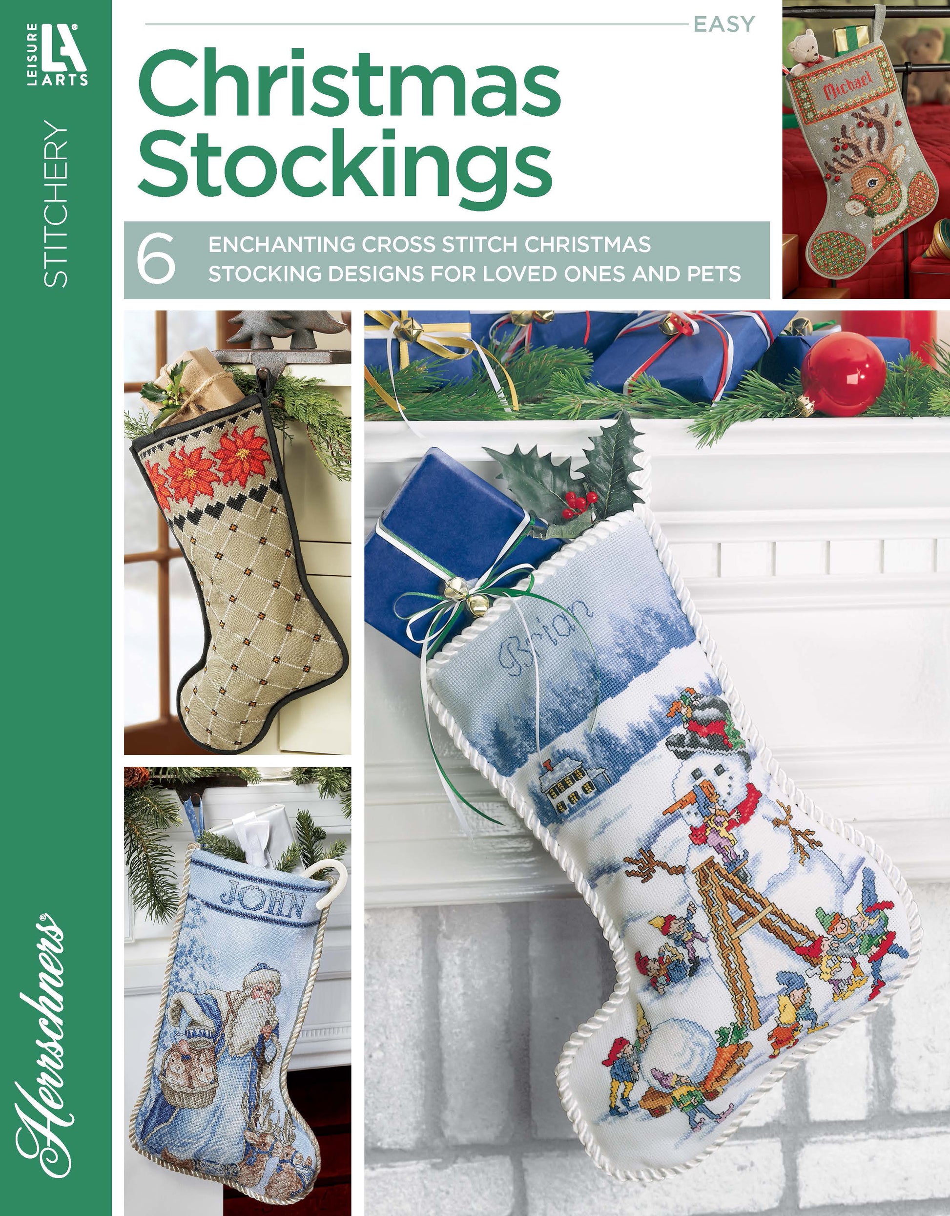 Cover of Leisure Arts’ Christmas Stockings booklet features cross stitch stocking designs for beginners, including snowmen, a village scene, and a personalized alphabet stocking with the name John.