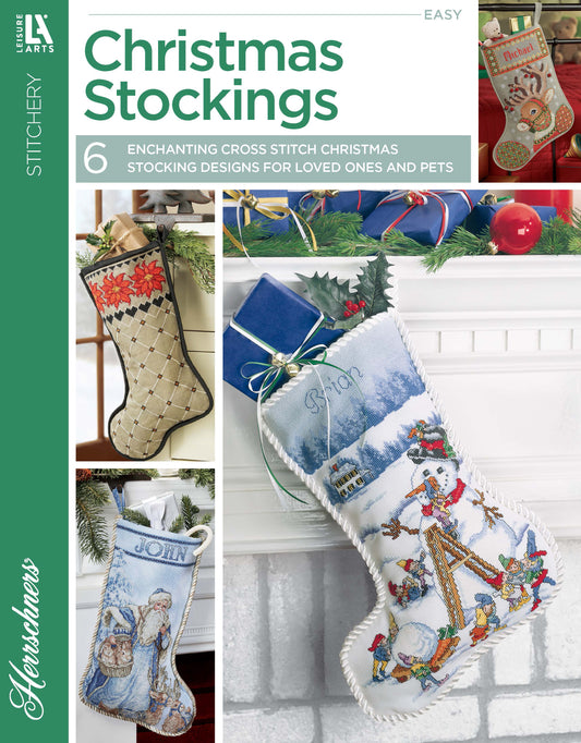 Cover of Leisure Arts’ Christmas Stockings booklet features cross stitch stocking designs for beginners, including snowmen, a village scene, and a personalized alphabet stocking with the name John.