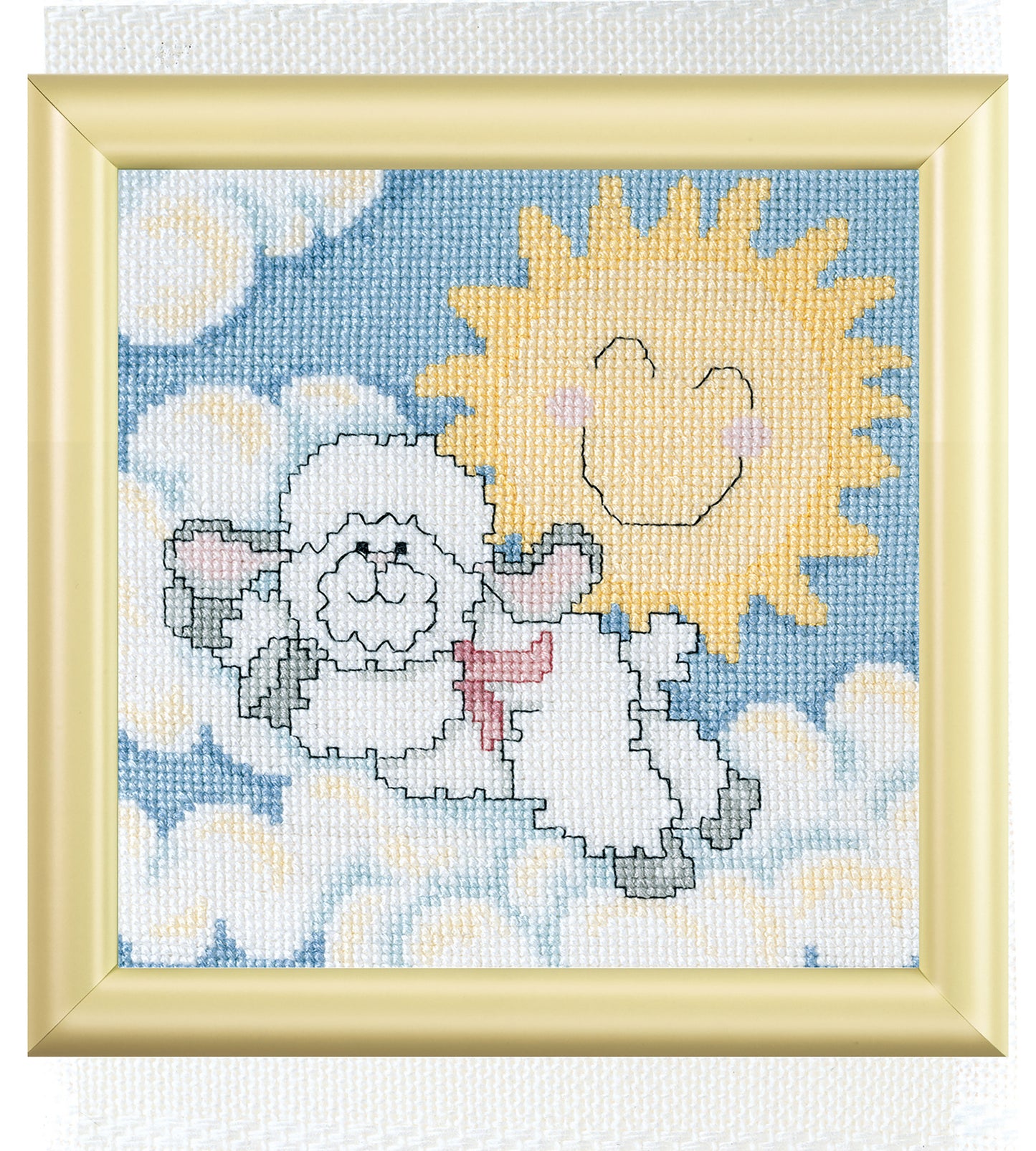 The "Oh, Baby! Digital Download" by Leisure Arts features a framed cross stitch of a smiling sun and a cheerful white sheep with a pink bow, jumping among fluffy clouds in a blue sky.