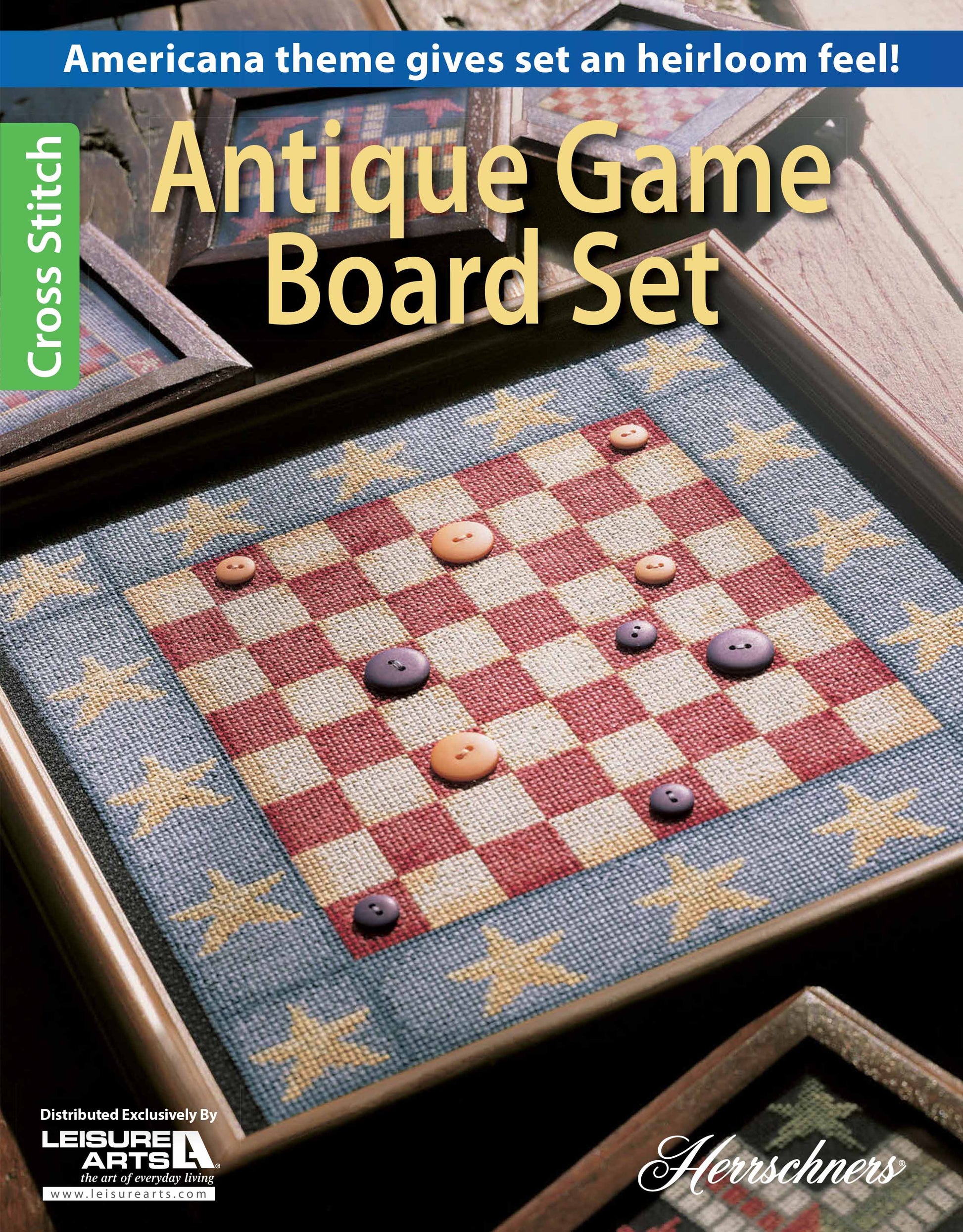 A cross-stitched game board from Leisure Arts with a blue and red checkered pattern, yellow star border, and round pieces. Text reads “Antique Game Board Set”—an heirloom inspired by classic designs.
