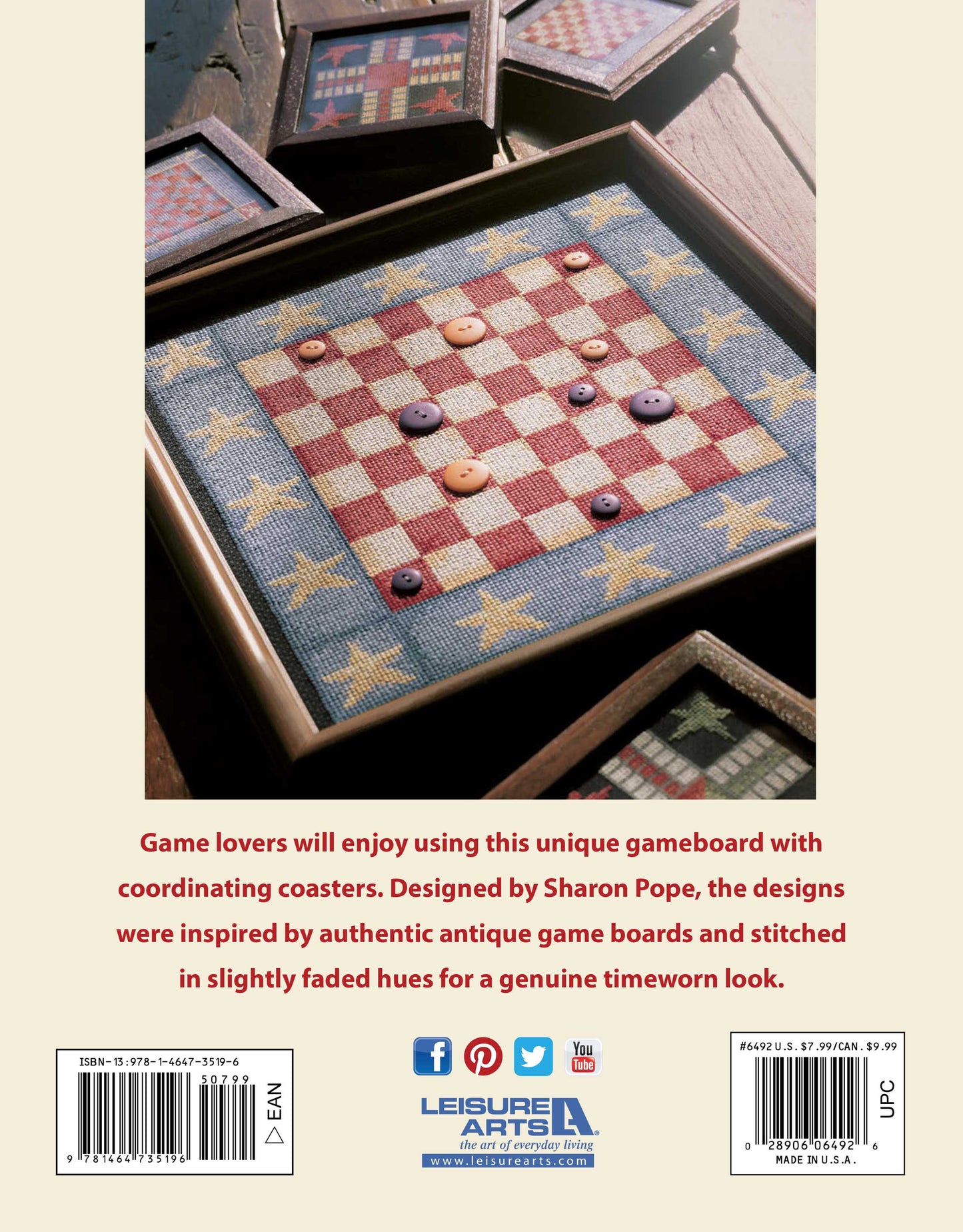The Leisure Arts Antique Game Board Set features a fabric checkerboard with checkers in a wooden box, accented by star-patterned coasters. This heirloom set showcases antique designs and timeless, classic appeal.