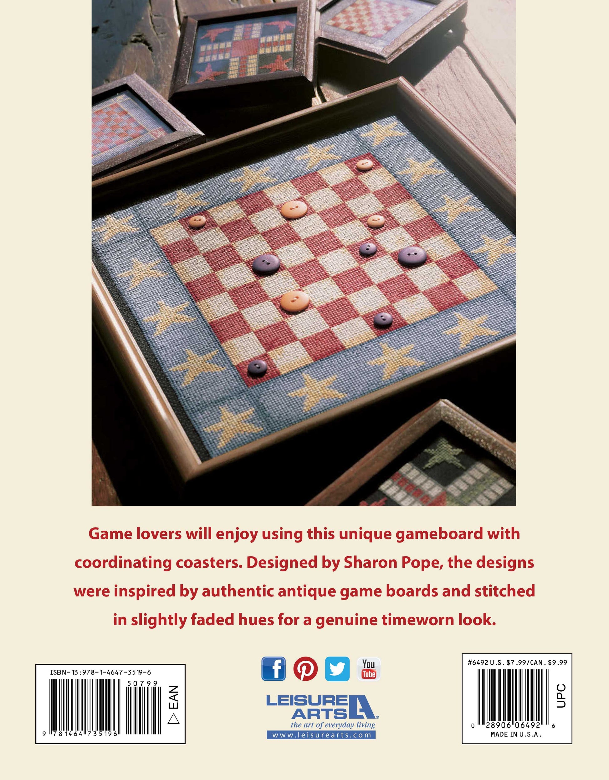 The Leisure Arts Antique Game Board Set features a fabric checkerboard with checkers in a wooden box, accented by star-patterned coasters. This heirloom set showcases antique designs and timeless, classic appeal.