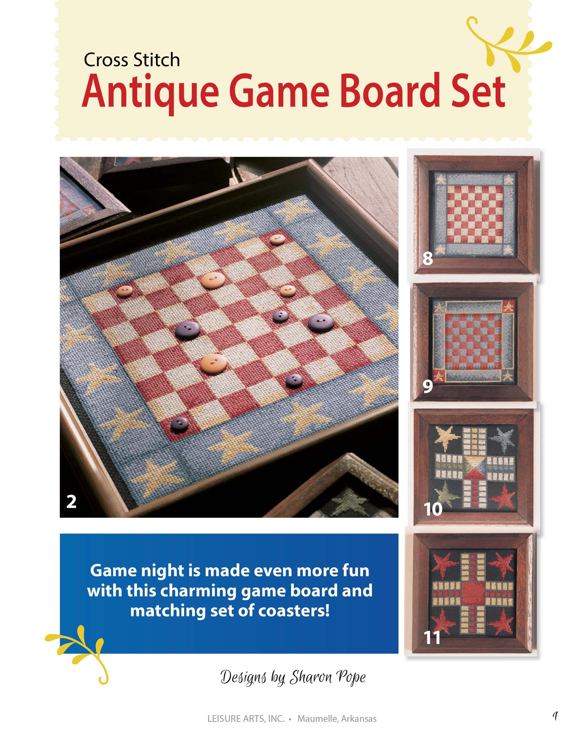 The Antique Game Board Set by Leisure Arts features a cross-stitched checkerboard in red, beige, and blue with button pieces, plus four small counted cross stitch coasters in assorted patterns displayed to the right.