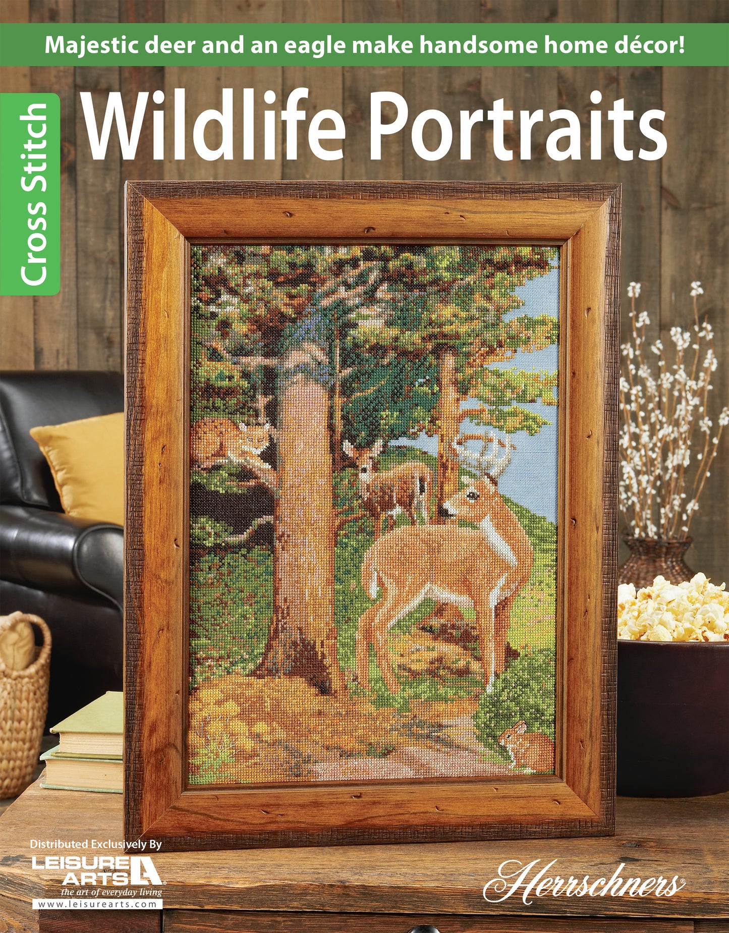 The Cross Stitch Wildlife Portraits booklet by Leisure Arts features a framed deer in a forest with an eagle overhead—an ideal choice to create standout home decor.