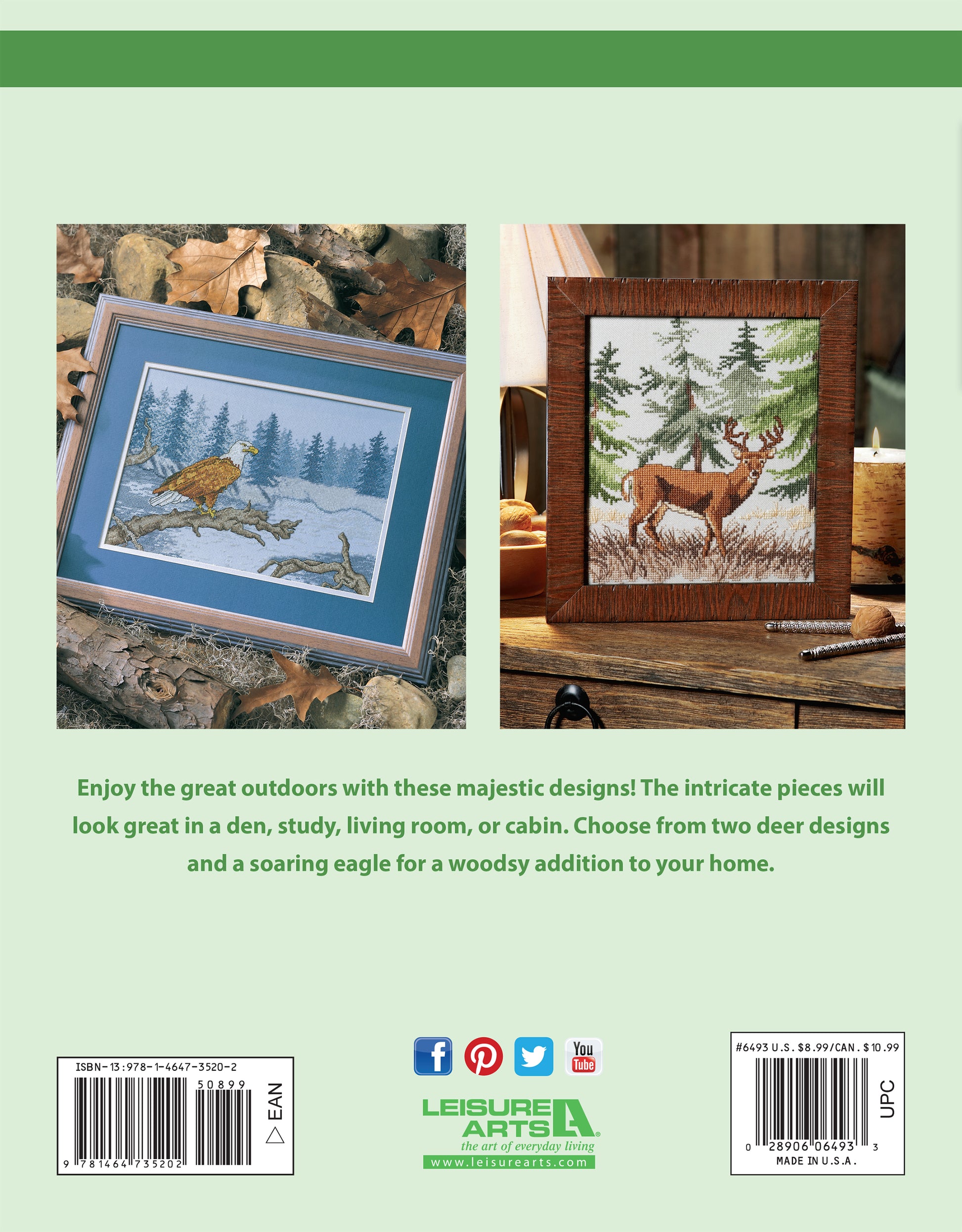 Cross Stitch Wildlife Portraits by Leisure Arts features two framed designs on green: a majestic eagle on snowy branches and a deer in a forest. These outdoor-themed pieces are perfect for adding nature-inspired decor to your home.