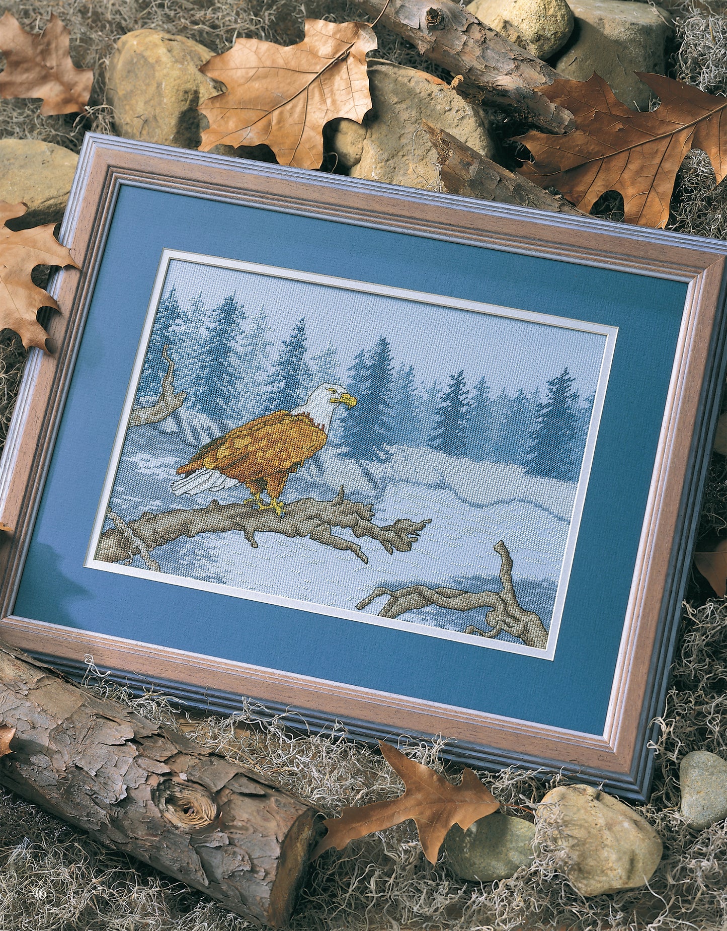 Cross Stitch Wildlife Portraits by Leisure Arts features a framed embroidery of a soaring eagle on a branch amid snowy woods, set with moss, rocks, logs, and oak leaves—a unique nature-inspired home decor piece.