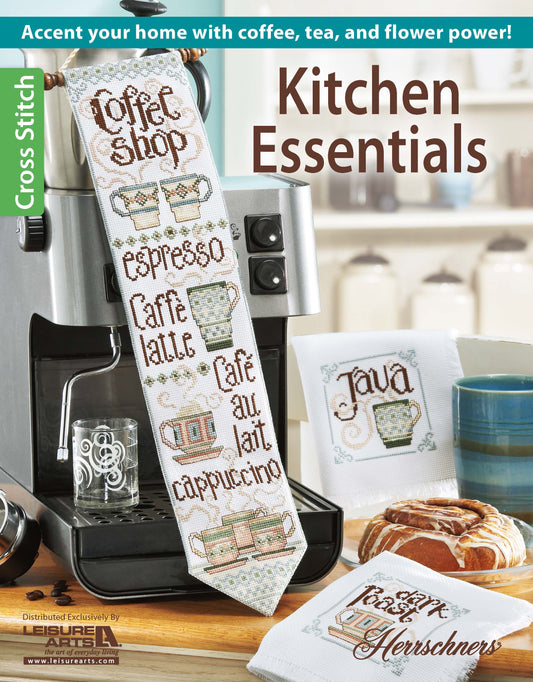 Create charming home decor with Kitchen Essentials by Leisure Arts—a coffee maker, stitched coffee-themed wall hanging, mug, cinnamon roll, and Java-inspired napkin provide perfect cross stitch inspiration for your kitchen.