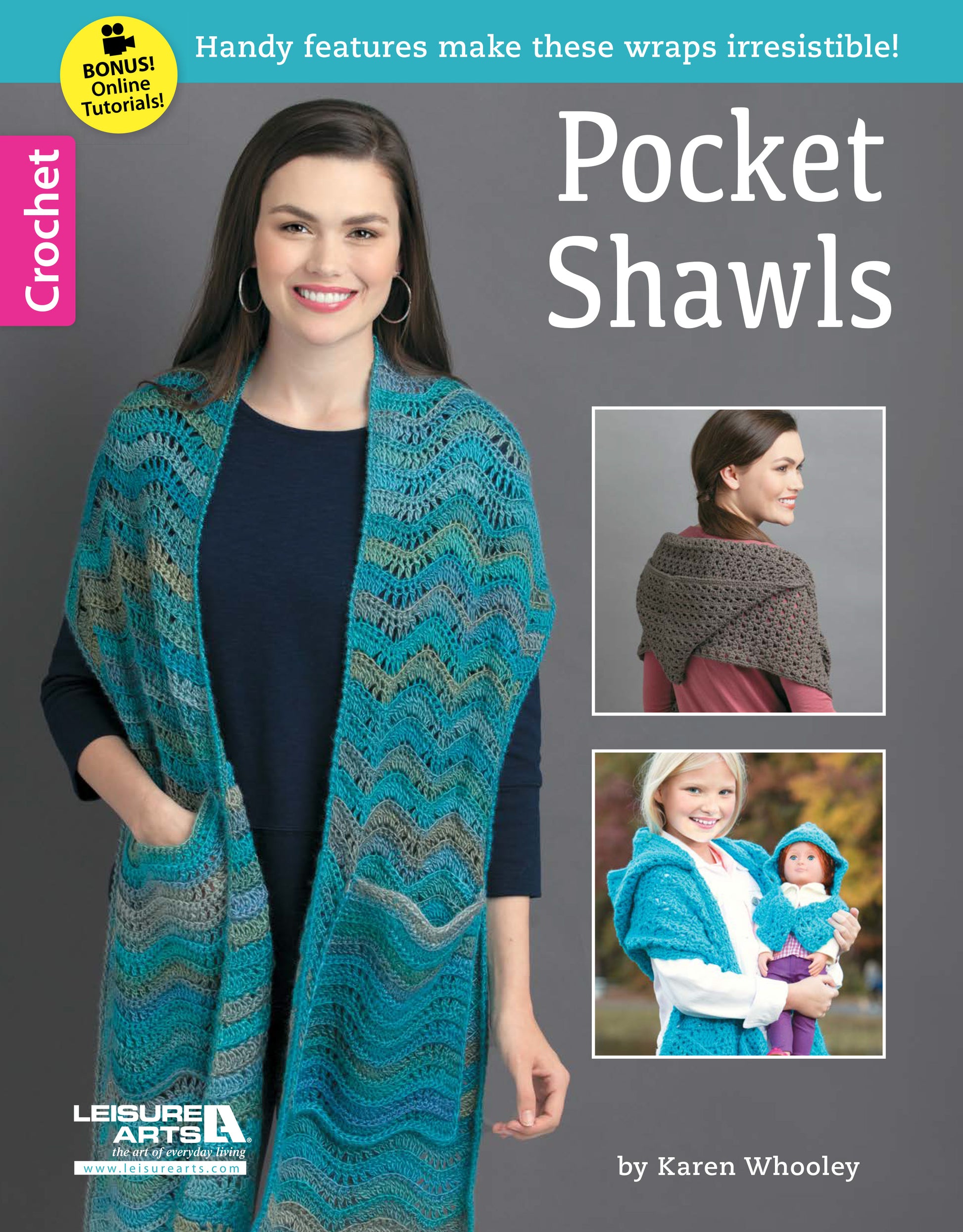 Cover of Leisure Arts' Pocket Shawls Digital Download featuring a woman in a teal and gray shawl. Smaller images highlight crochet patterns for adult and child pocket shawls, each with matching doll versions.
