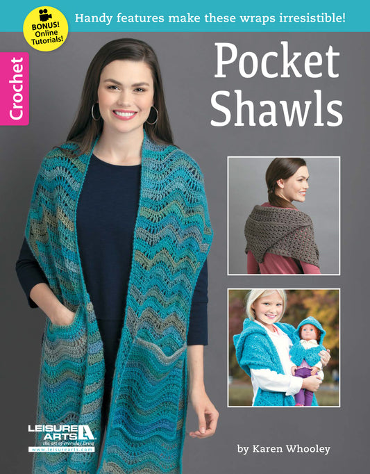 Cover of Leisure Arts' Pocket Shawls Digital Download featuring a woman in a teal and gray shawl. Smaller images highlight crochet patterns for adult and child pocket shawls, each with matching doll versions.