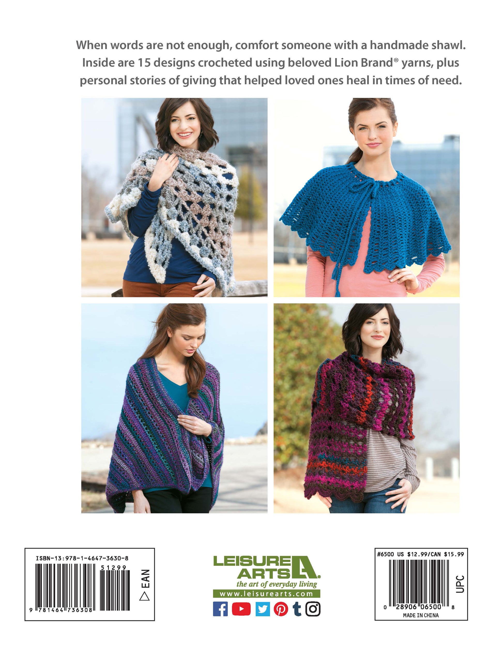 Back cover of "Healing Shawls" by Leisure Arts shows four women modeling shawl designs in different colors and textures outdoors. Includes text and publishing info—ideal inspiration for unique crochet gift ideas.