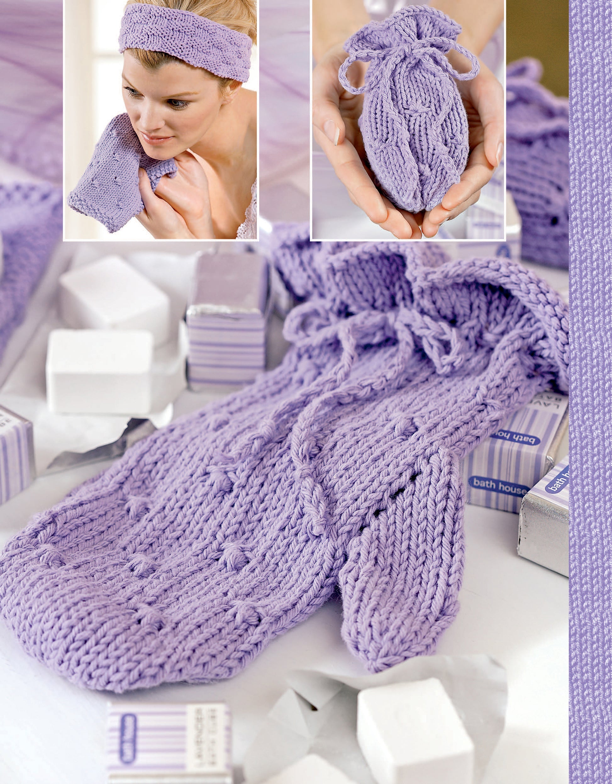 The Spa & Bath Sets to Knit Digital Download by Leisure Arts features a knit bath mitt and matching headband, shown in use on a woman's face, highlighting beautiful knitting patterns among white soap bars.